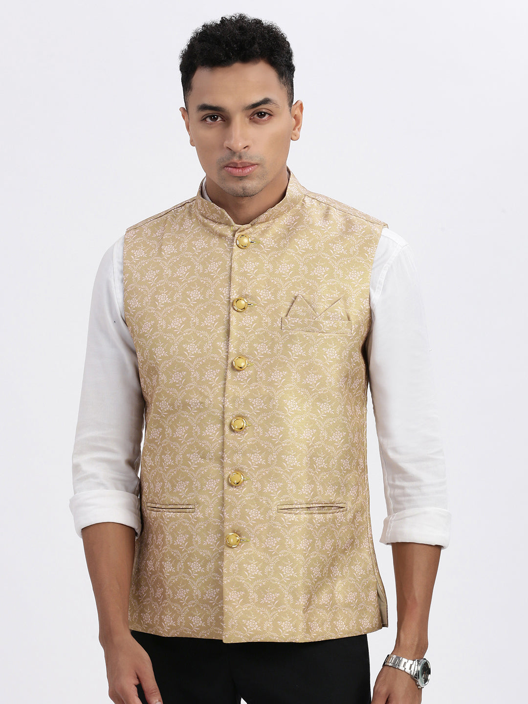 Men Beige Printed Nehru Jacket