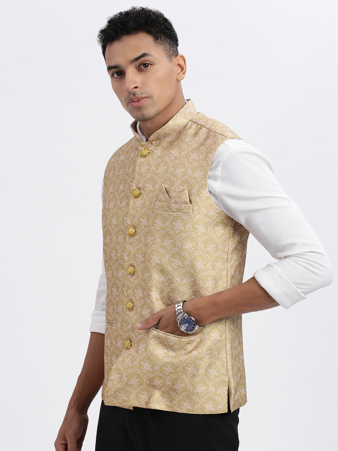 Men Beige Printed Nehru Jacket