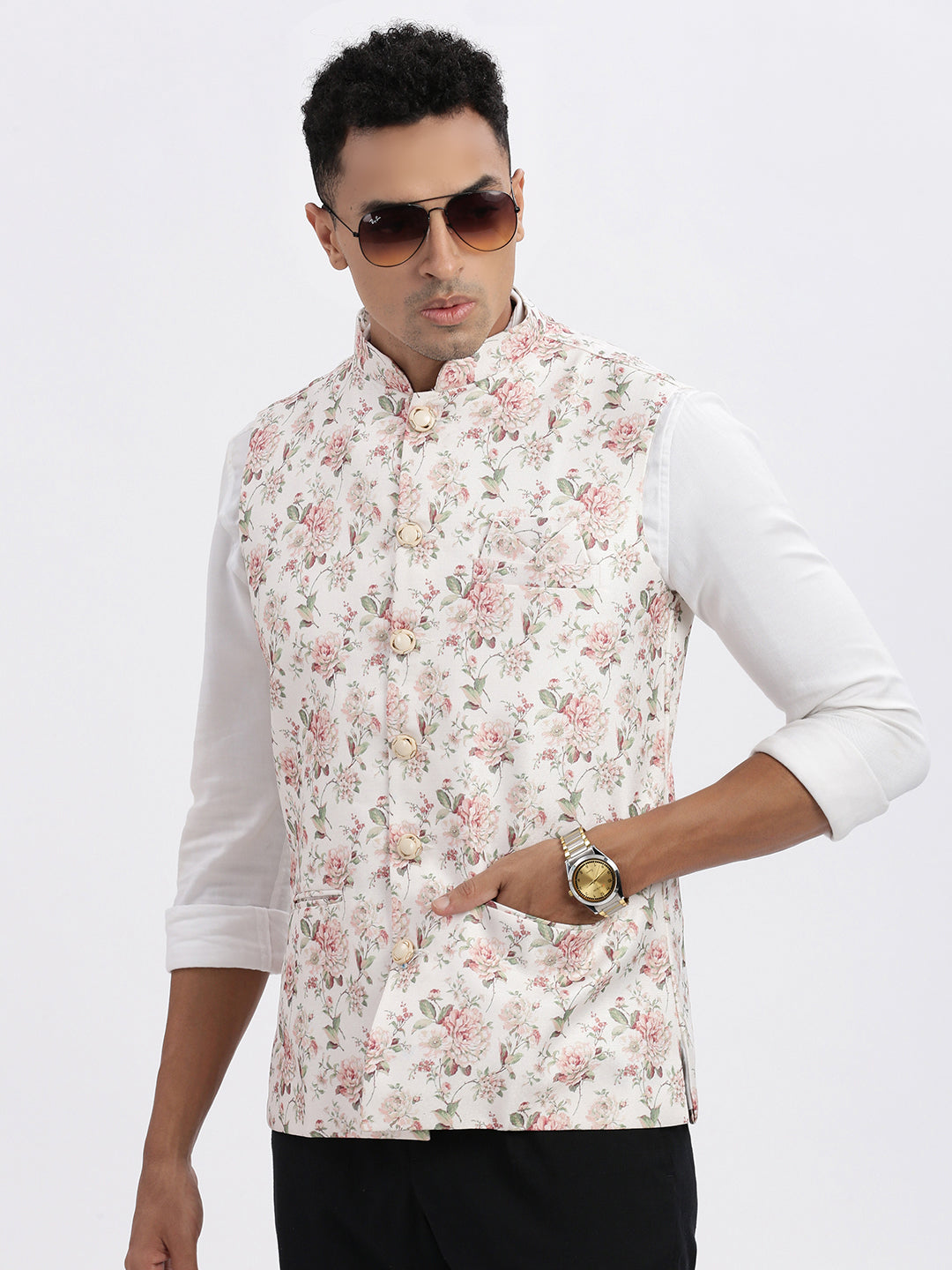 Men Cream Printed Nehru Jacket