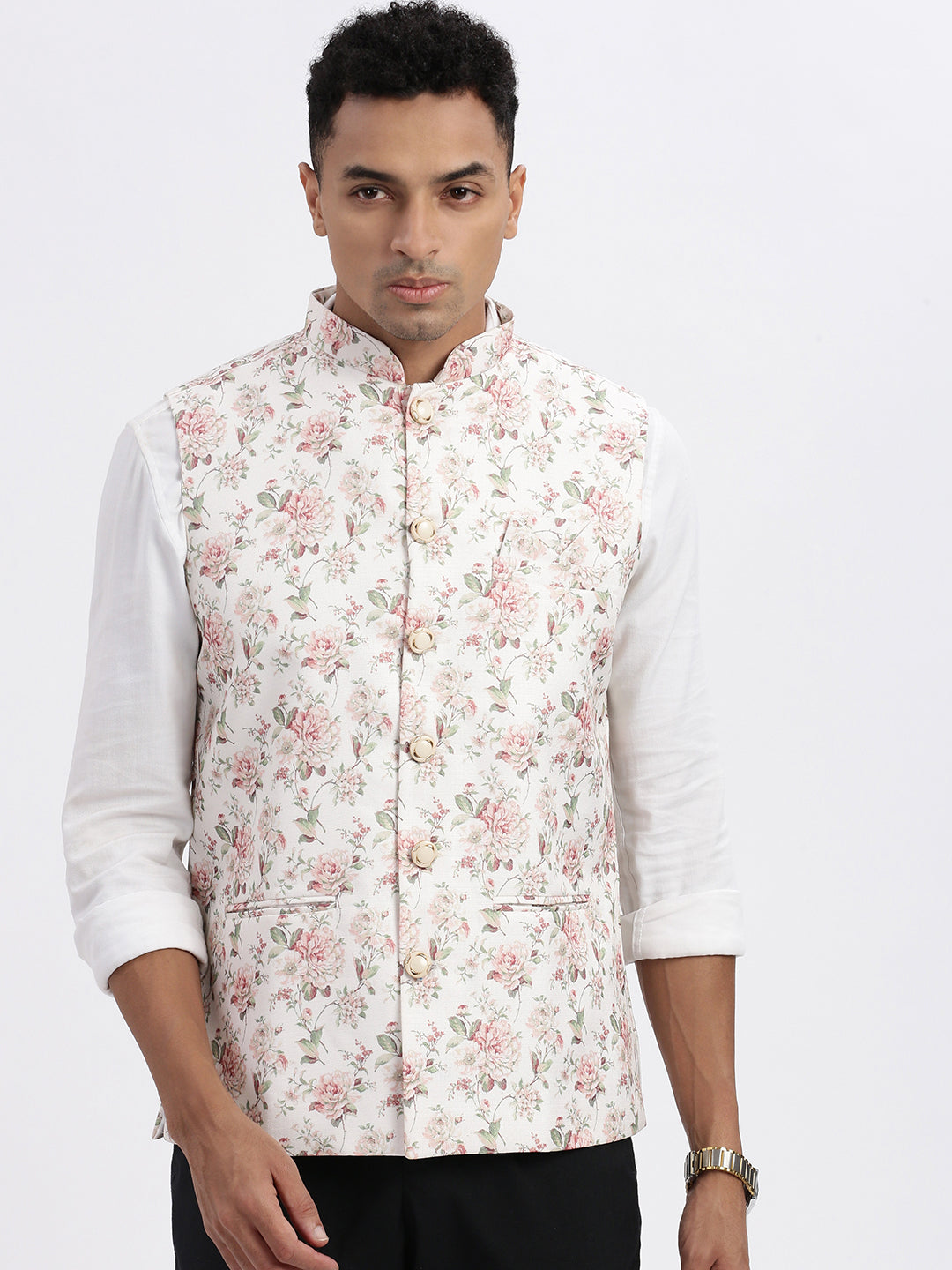 Men Cream Printed Nehru Jacket