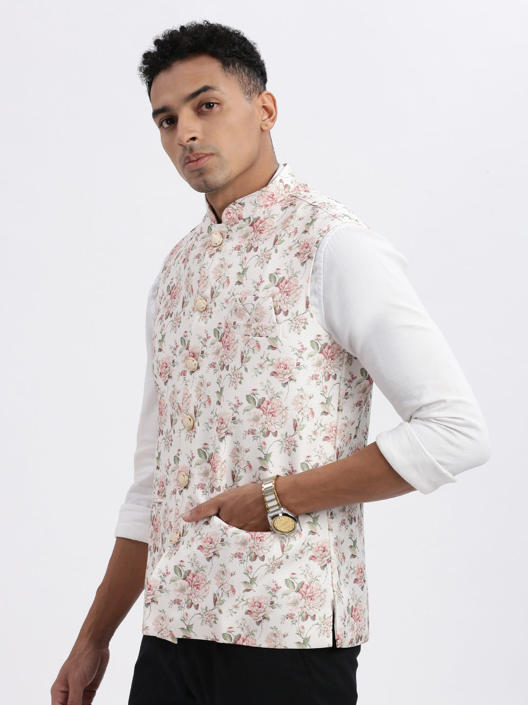 Men Cream Printed Nehru Jacket