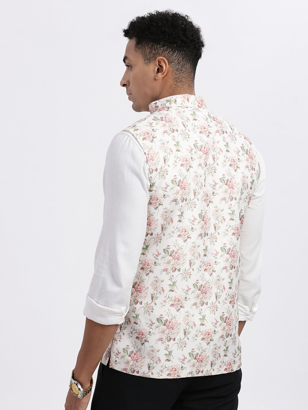 Men Cream Printed Nehru Jacket