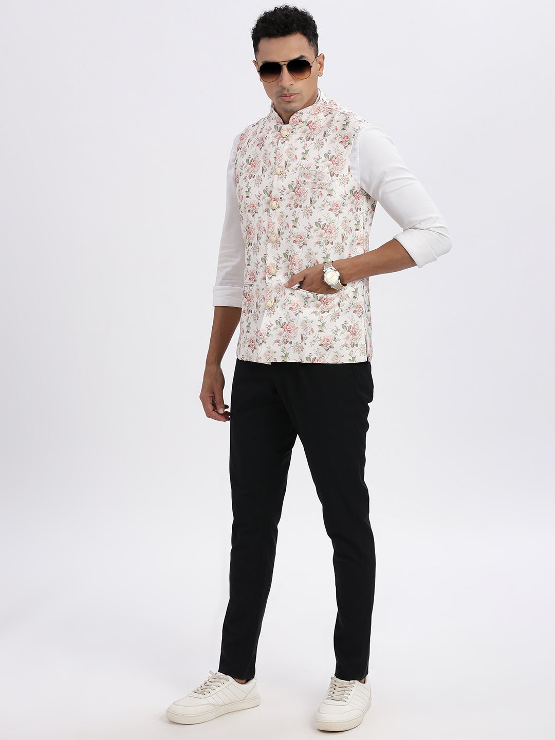 Men Cream Printed Nehru Jacket