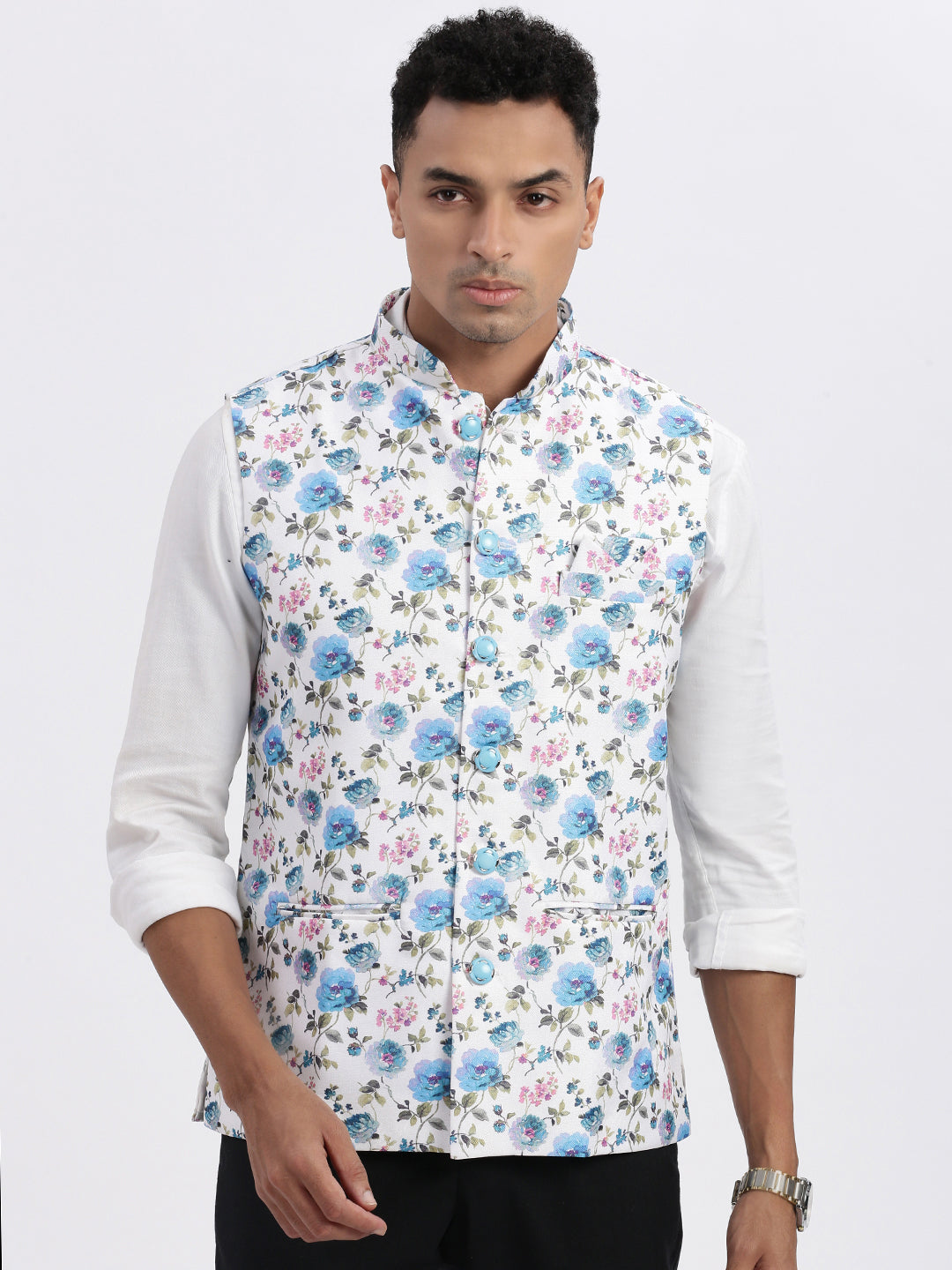 Men White Printed Nehru Jacket