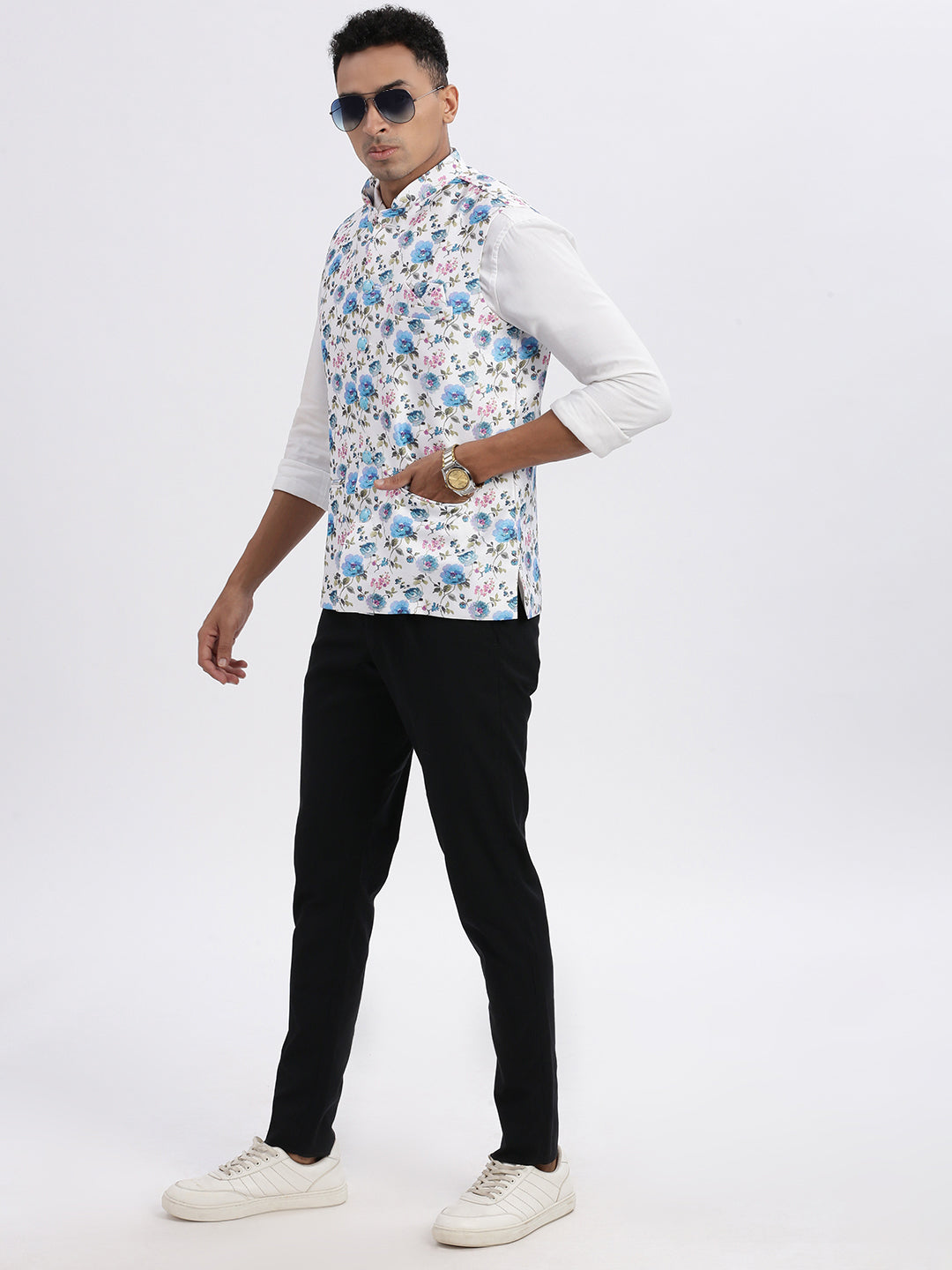 Men White Printed Nehru Jacket