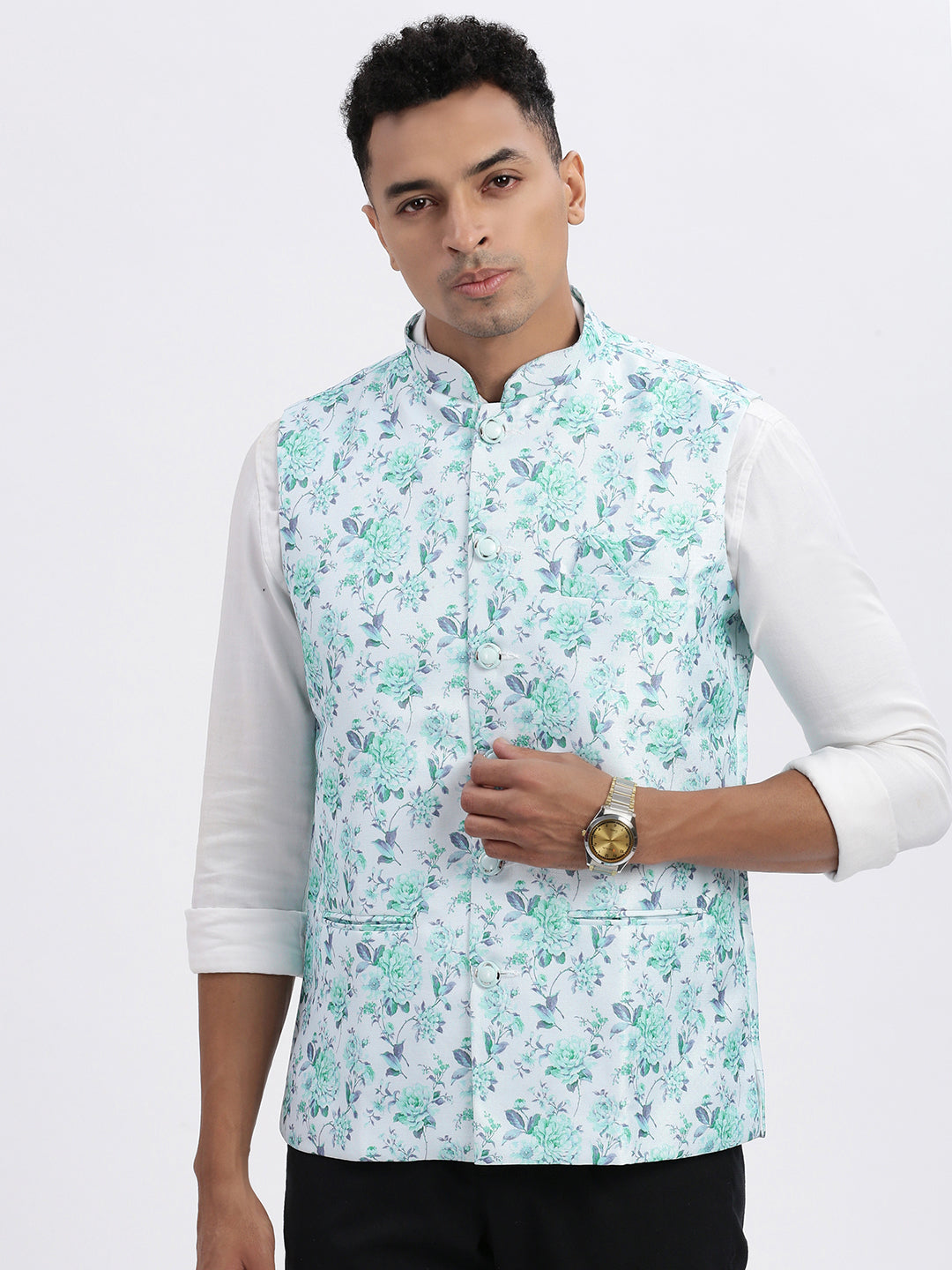 Men Green Printed Nehru Jacket