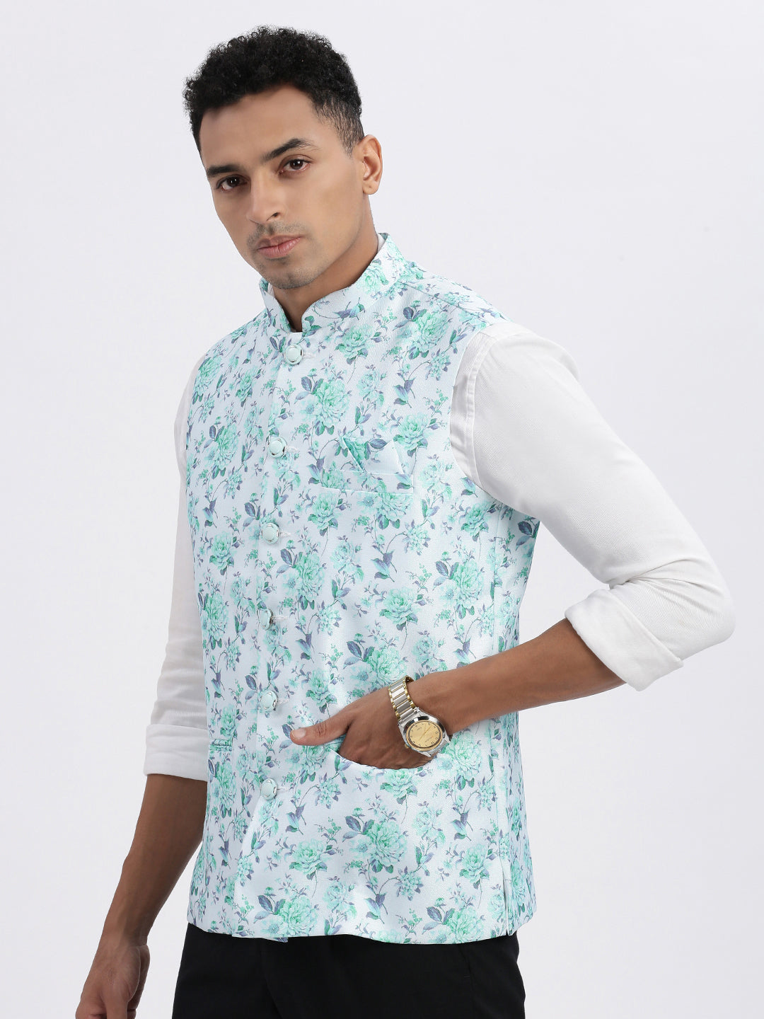 Men Green Printed Nehru Jacket