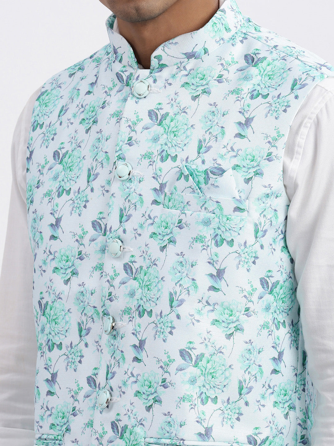 Men Green Printed Nehru Jacket