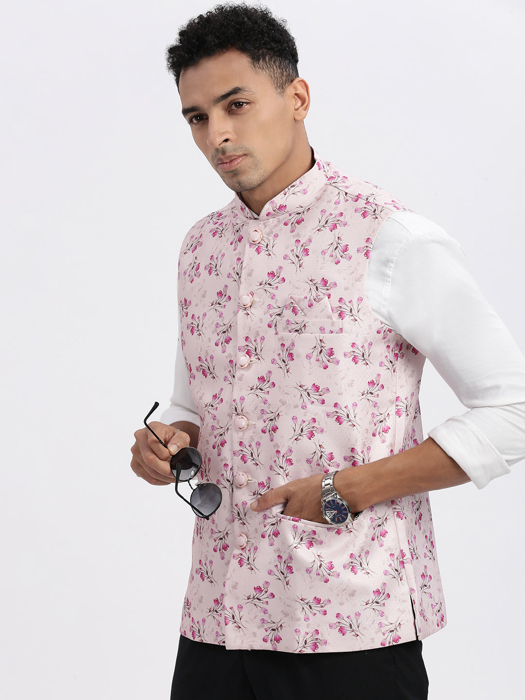 Men Pink Printed Nehru Jacket