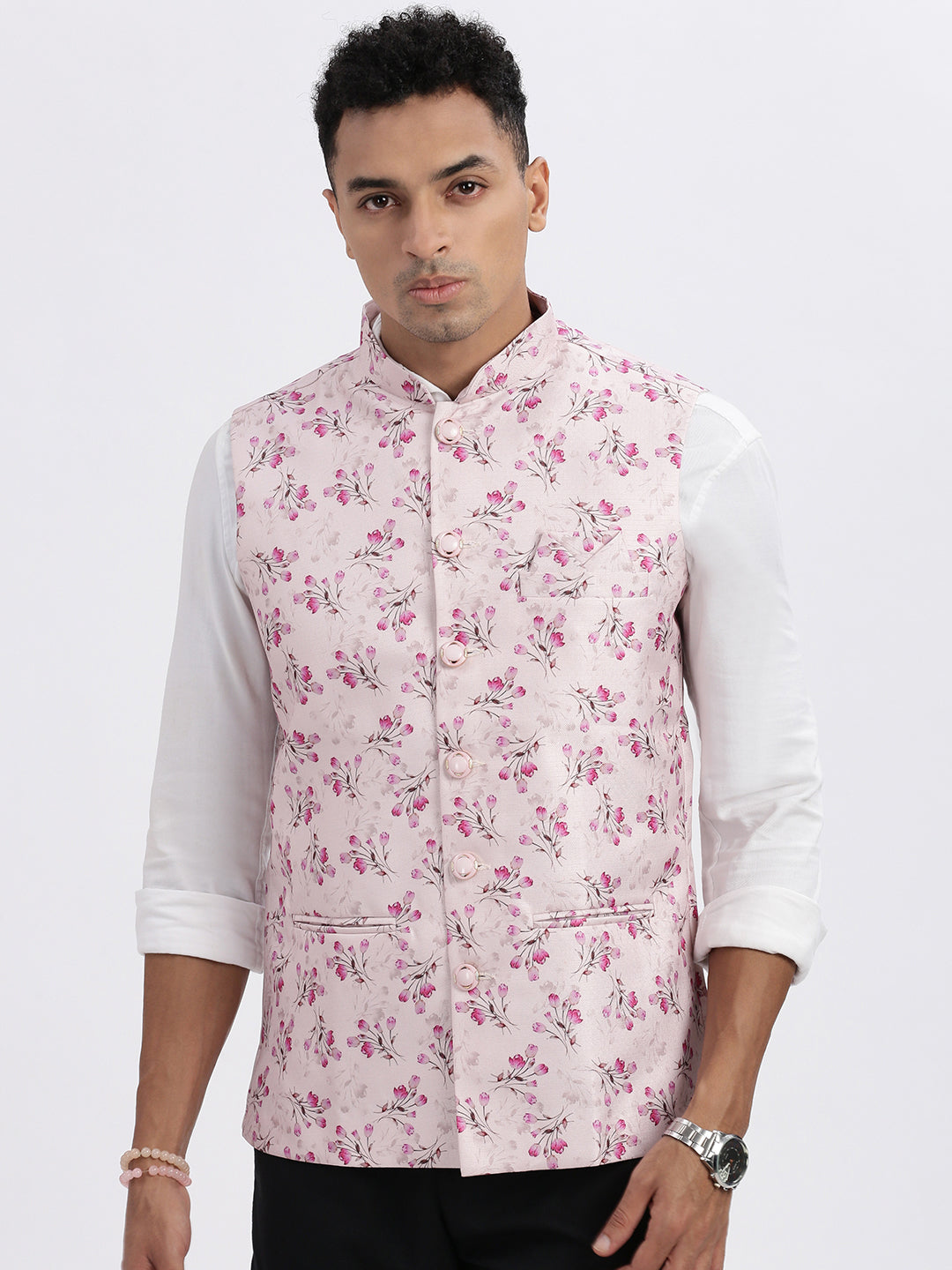 Men Pink Printed Nehru Jacket