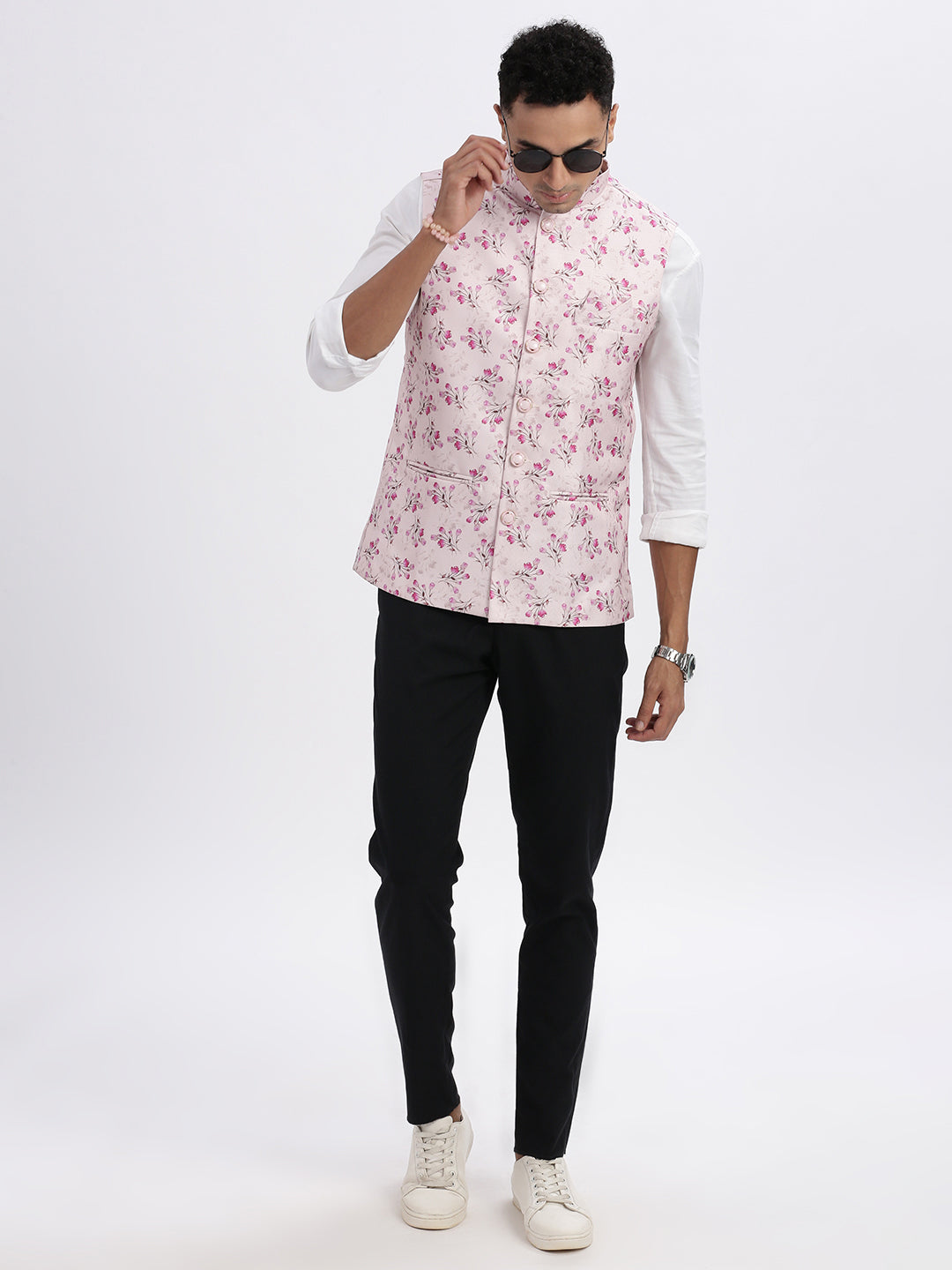 Men Pink Printed Nehru Jacket