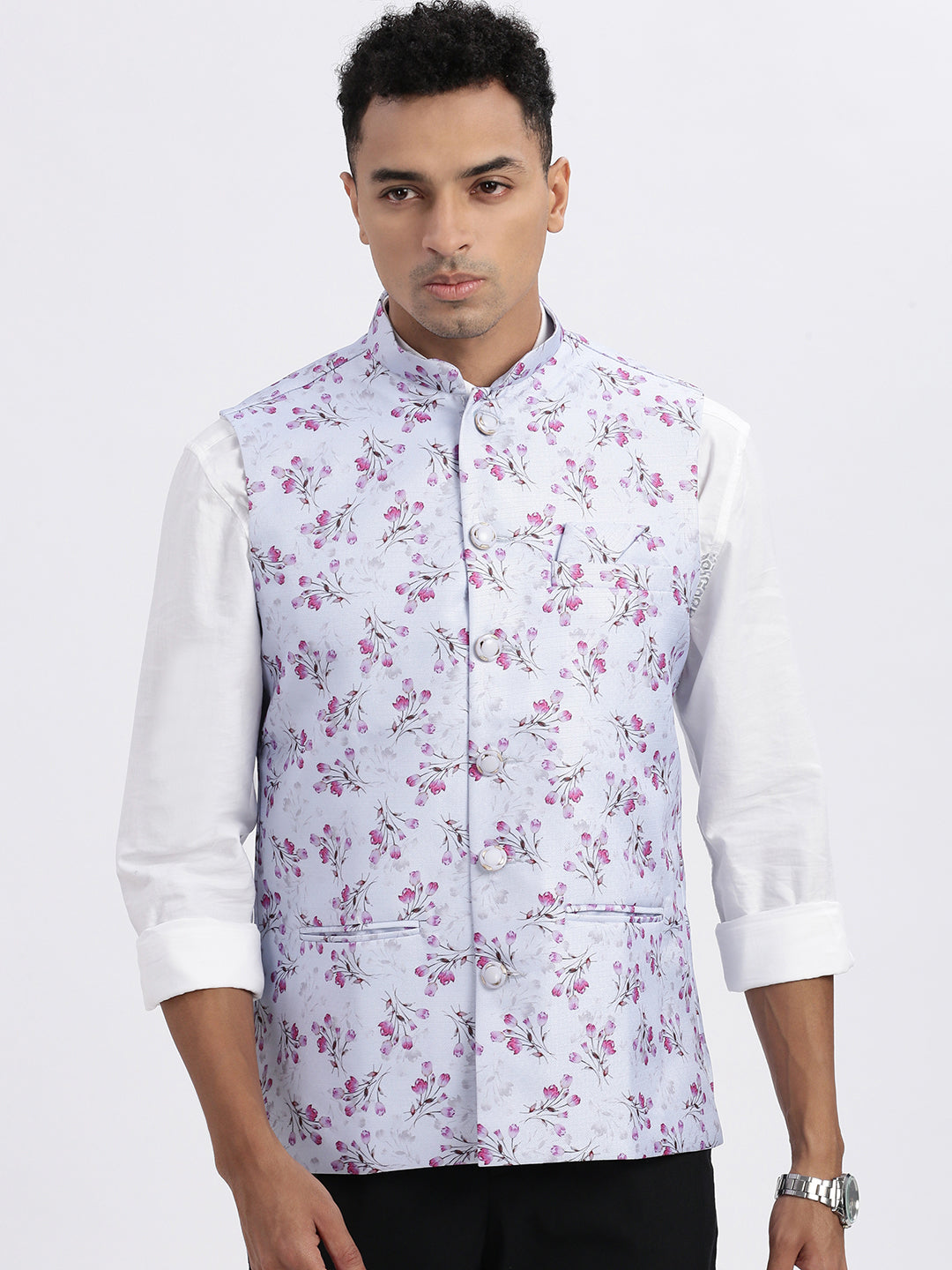 Men Lavender Printed Nehru Jacket