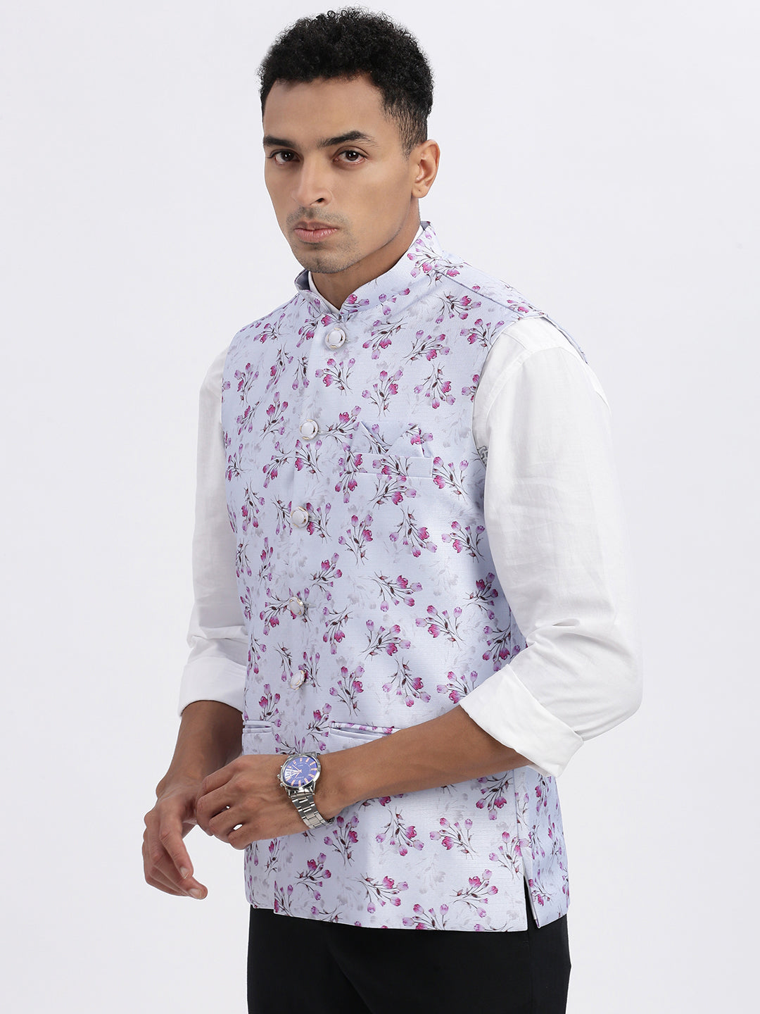 Men Lavender Printed Nehru Jacket