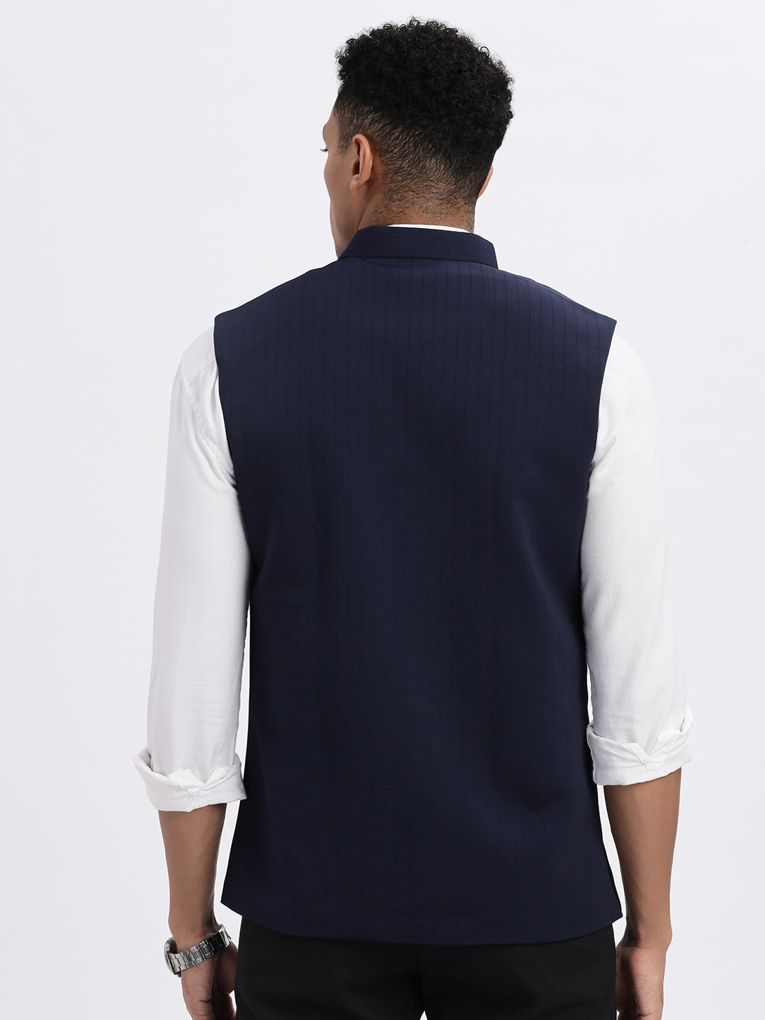 Men Navy Blue Solid Nehru Jacket