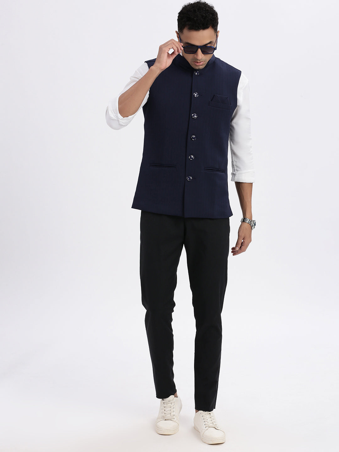 Men Navy Blue Solid Nehru Jacket