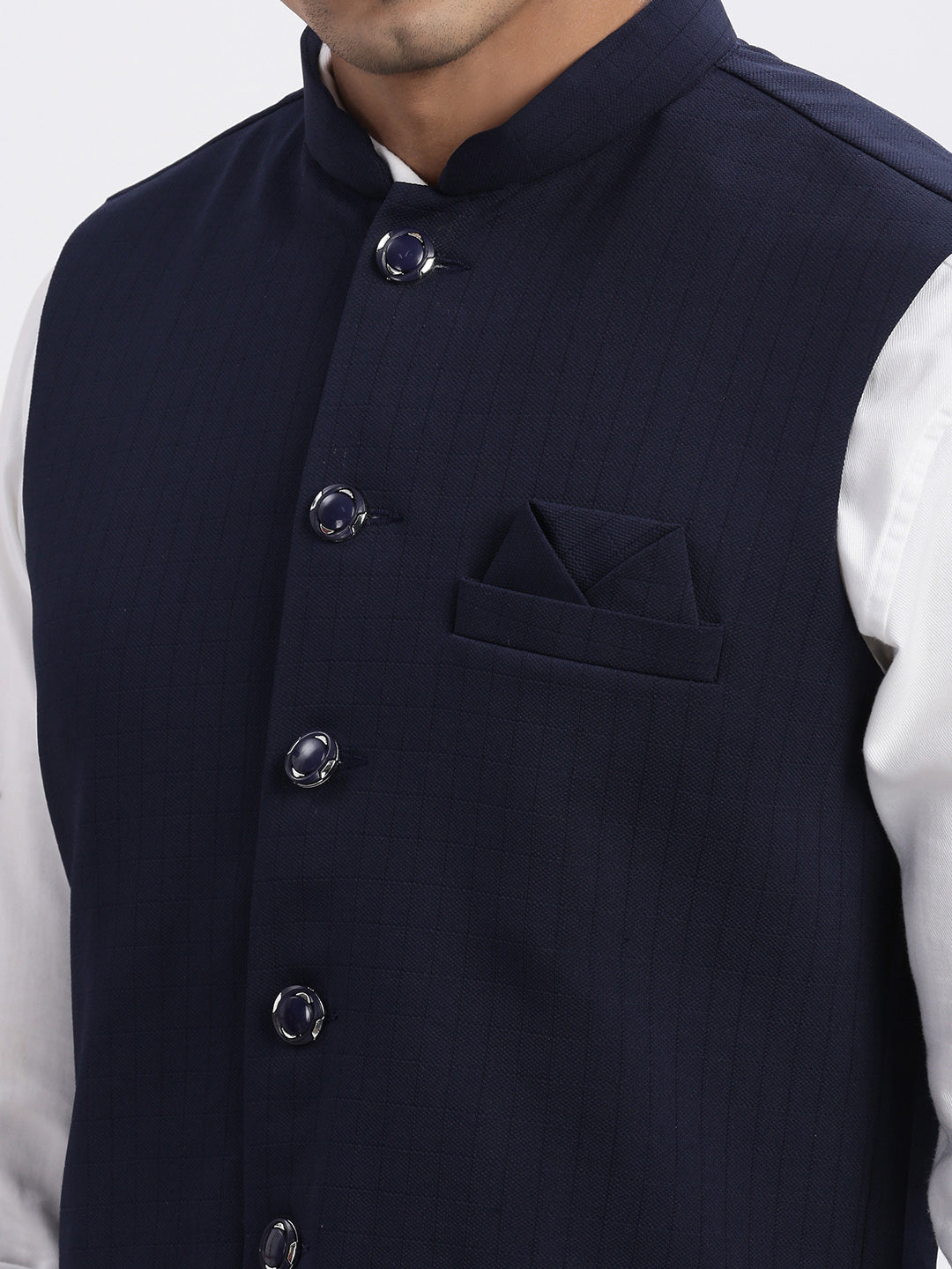 Men Navy Blue Solid Nehru Jacket