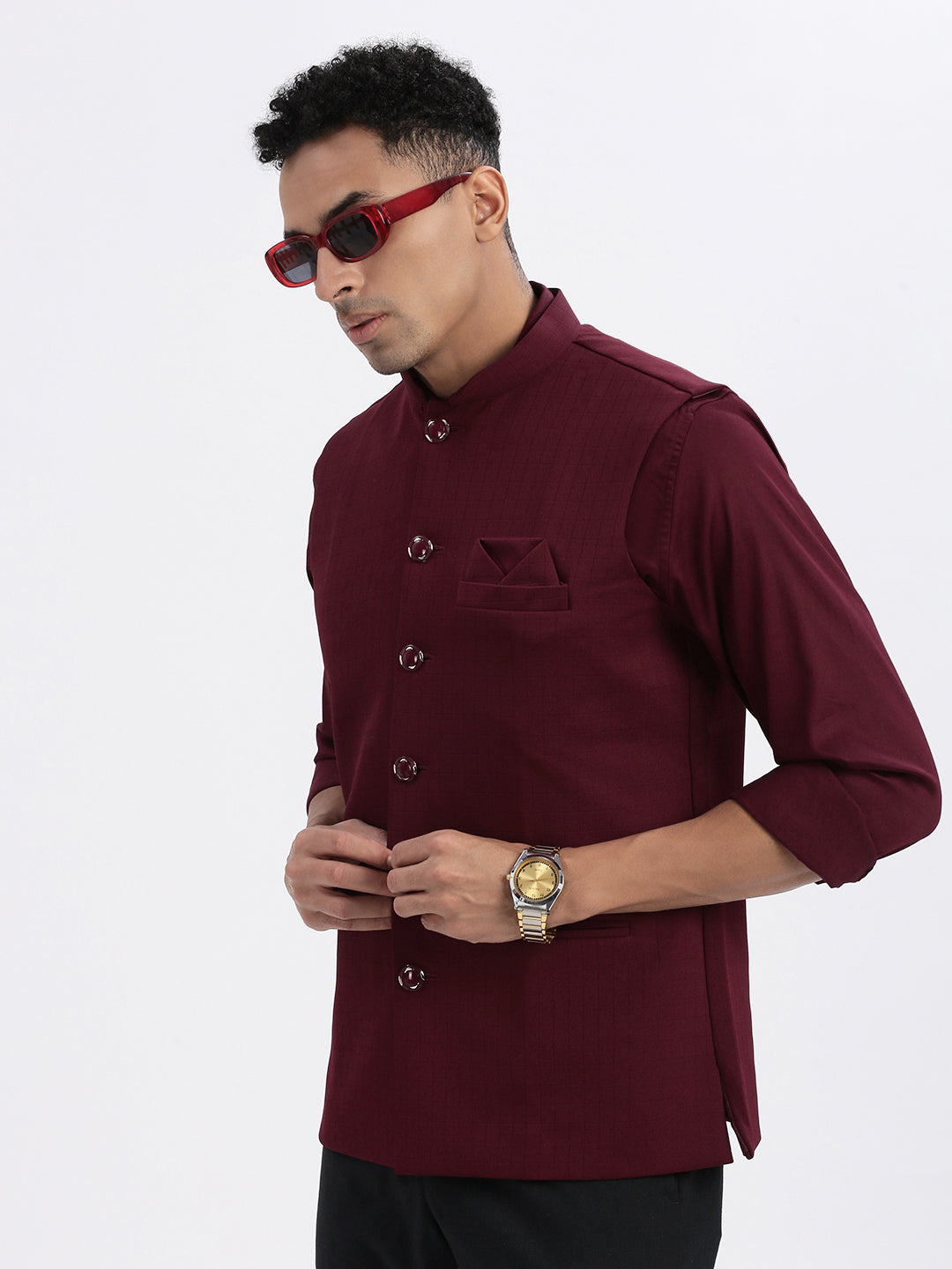 Men Maroon Solid Nehru Jacket