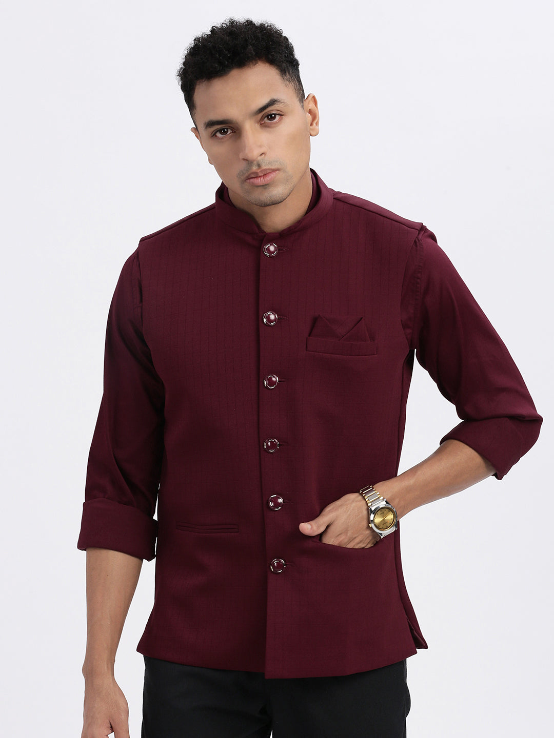 Men Maroon Solid Nehru Jacket