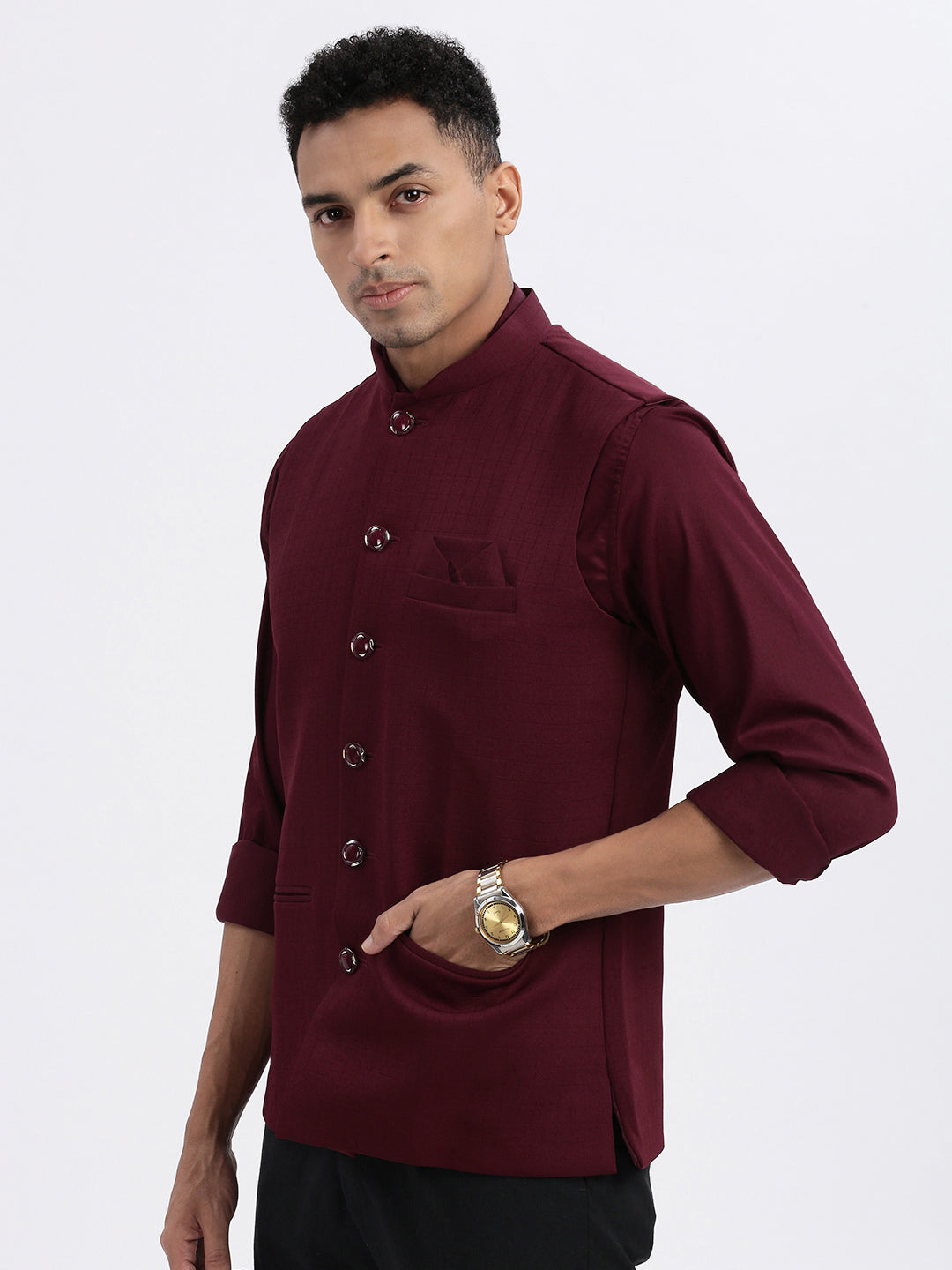 Men Maroon Solid Nehru Jacket