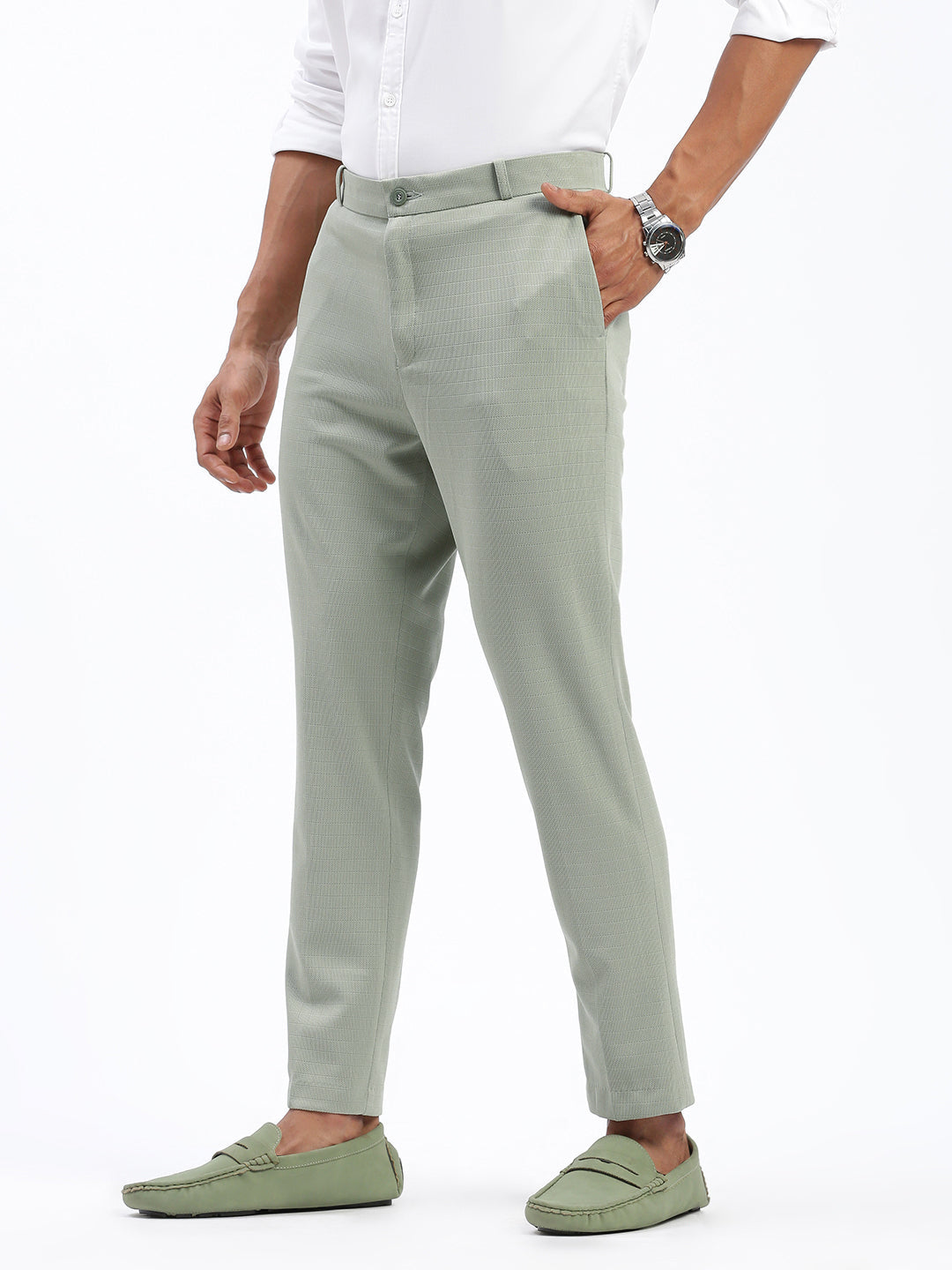 Men Solid Green Formal Trousers