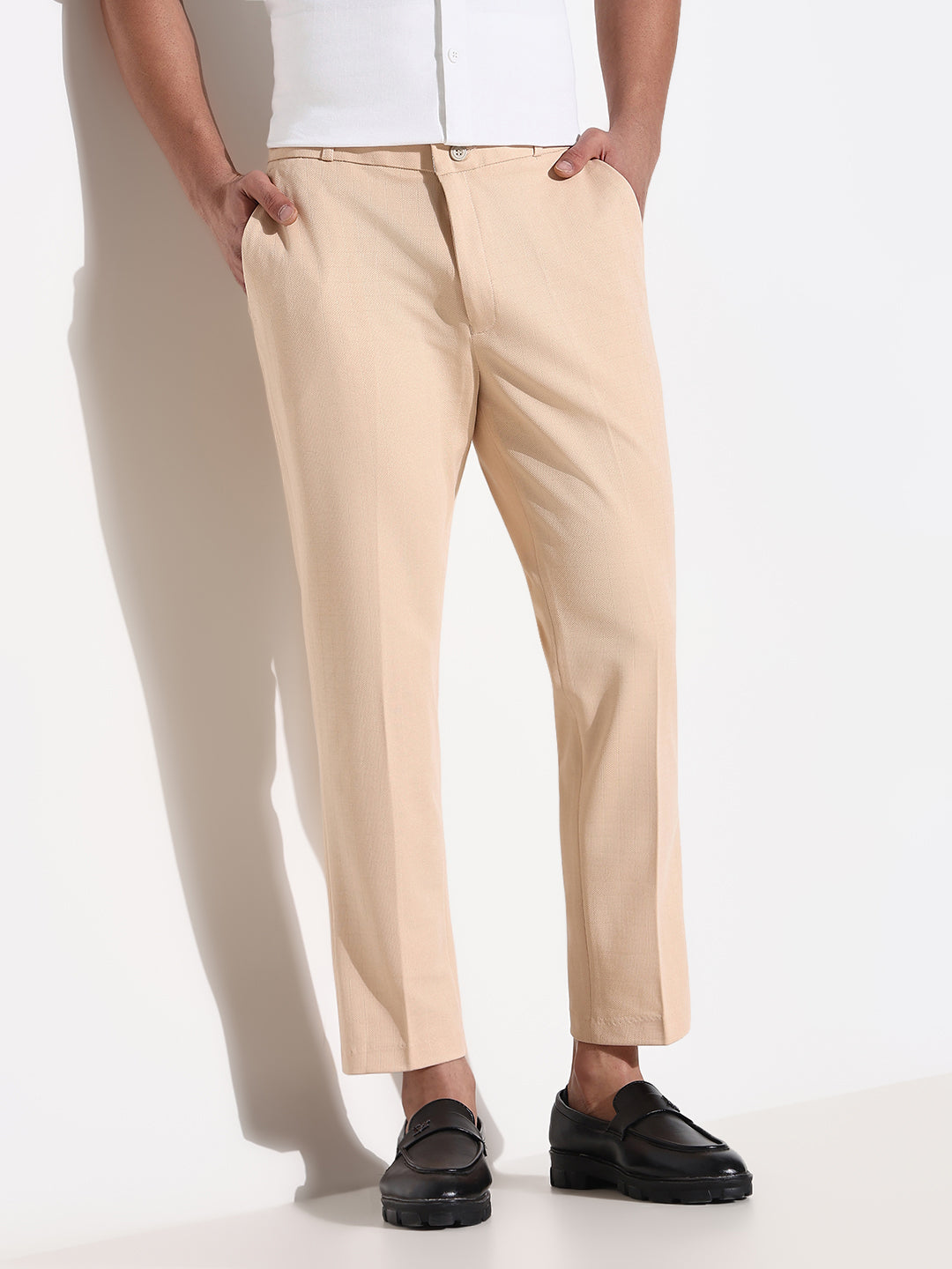 Men Peach Solid Formal Trousers