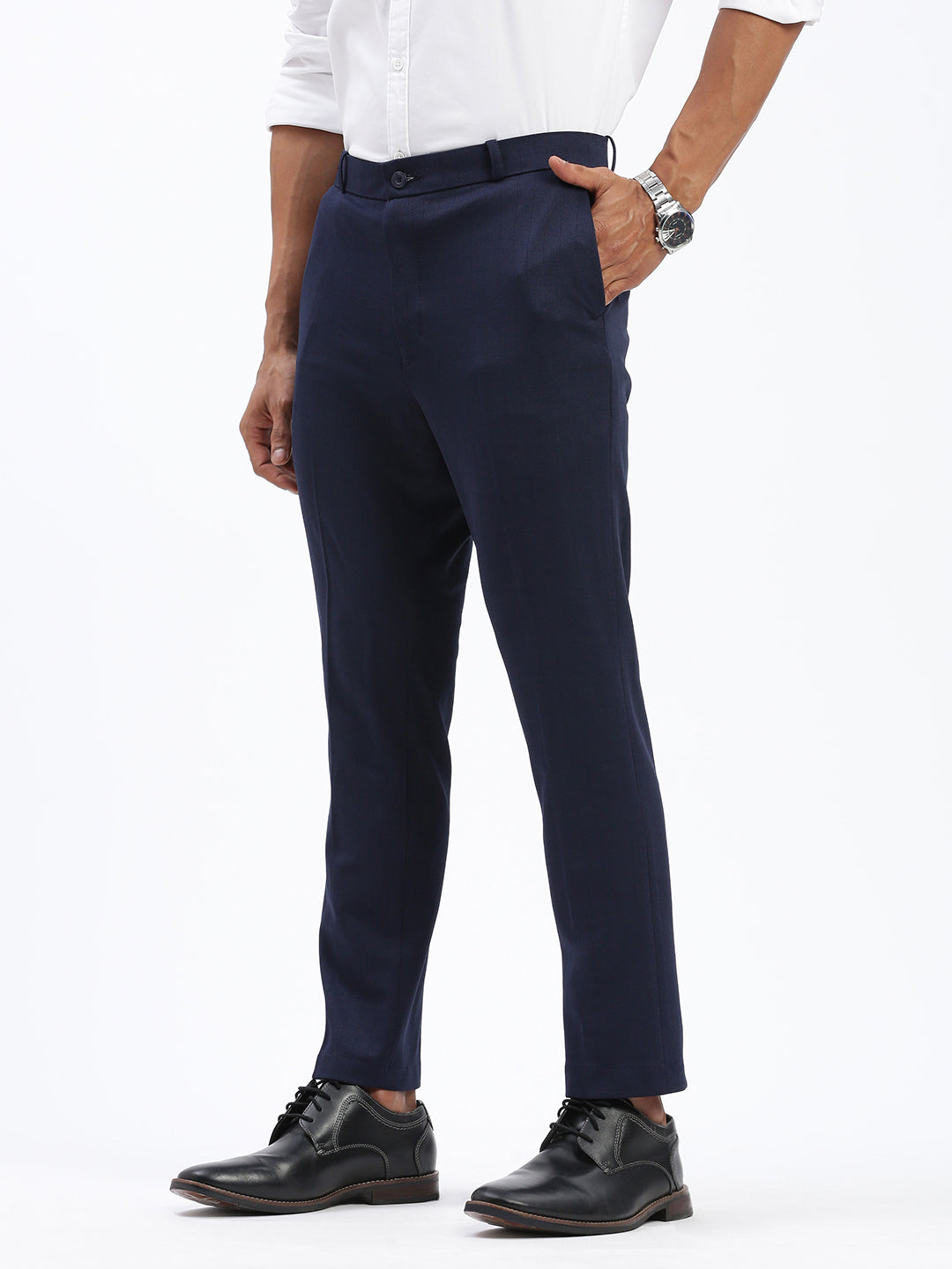 Men Solid Navy Blue Formal Trousers