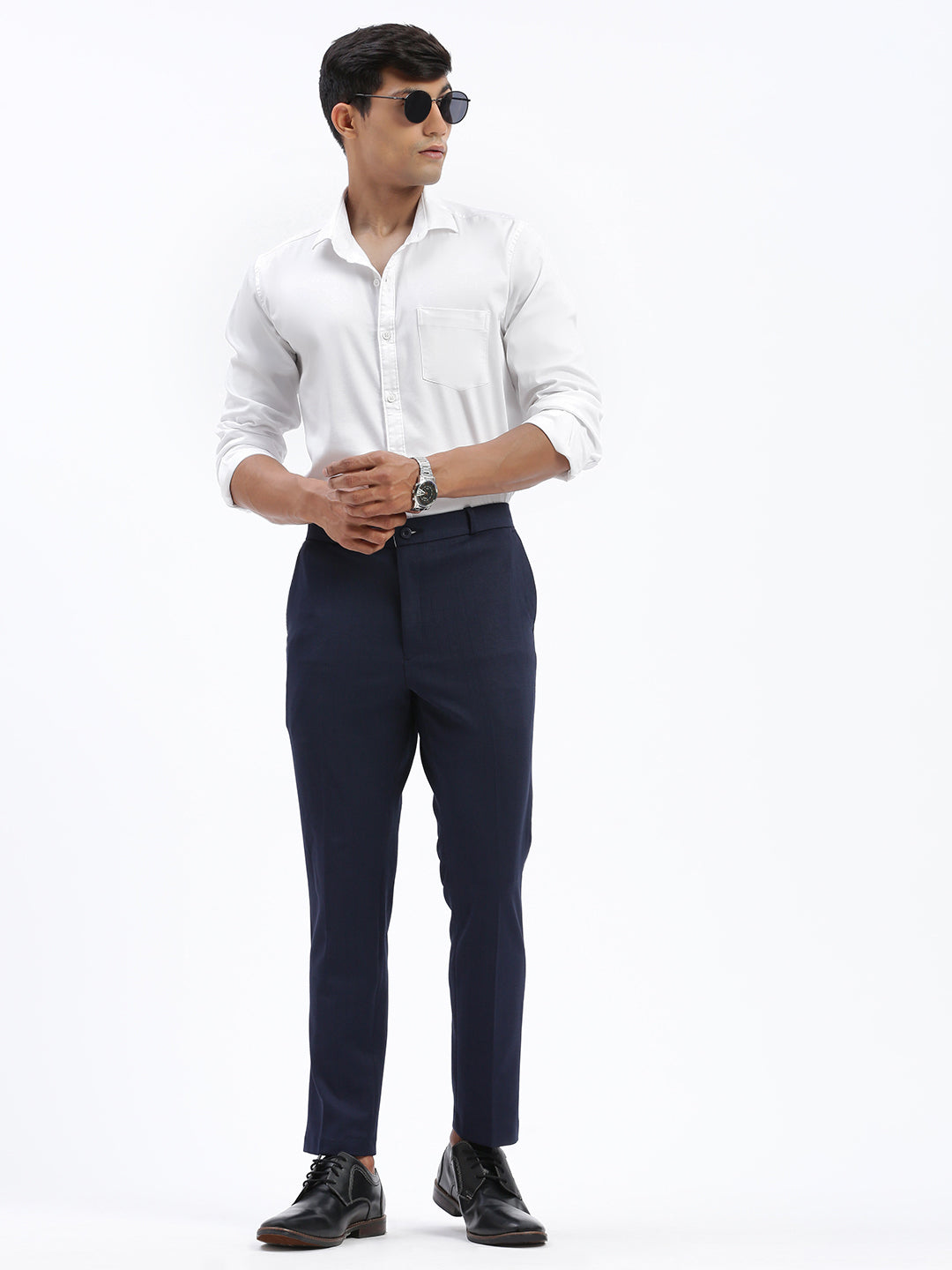 Men Solid Navy Blue Formal Trousers