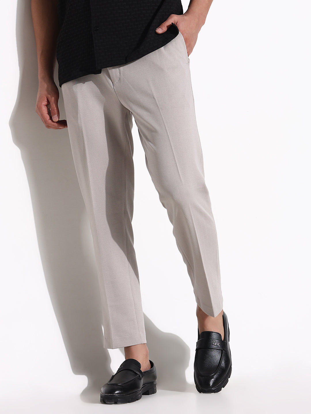 Men Grey Solid Formal Trousers