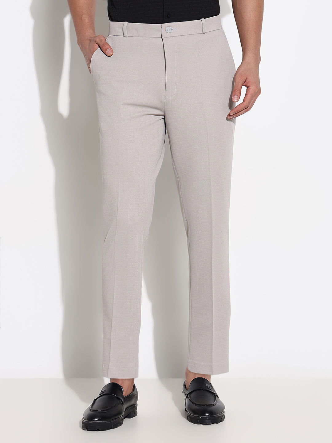 Men Grey Solid Formal Trousers