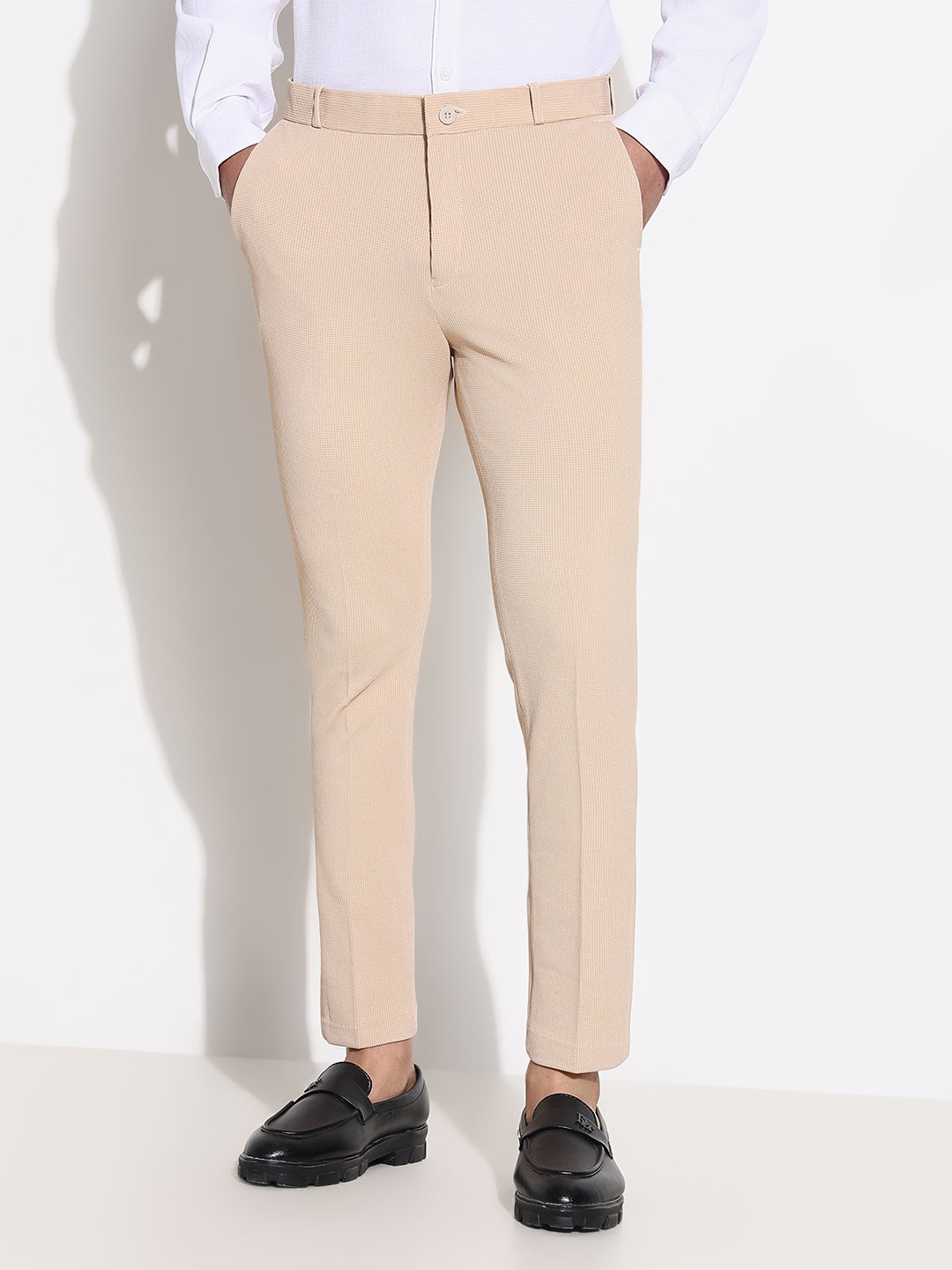 Men Peach Solid Formal Trousers