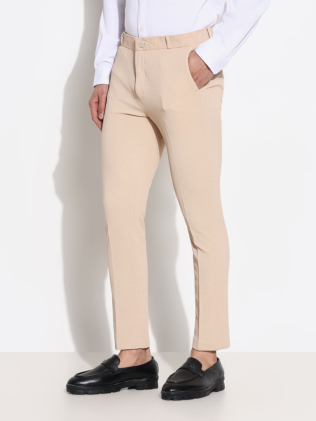 Men Peach Solid Formal Trousers