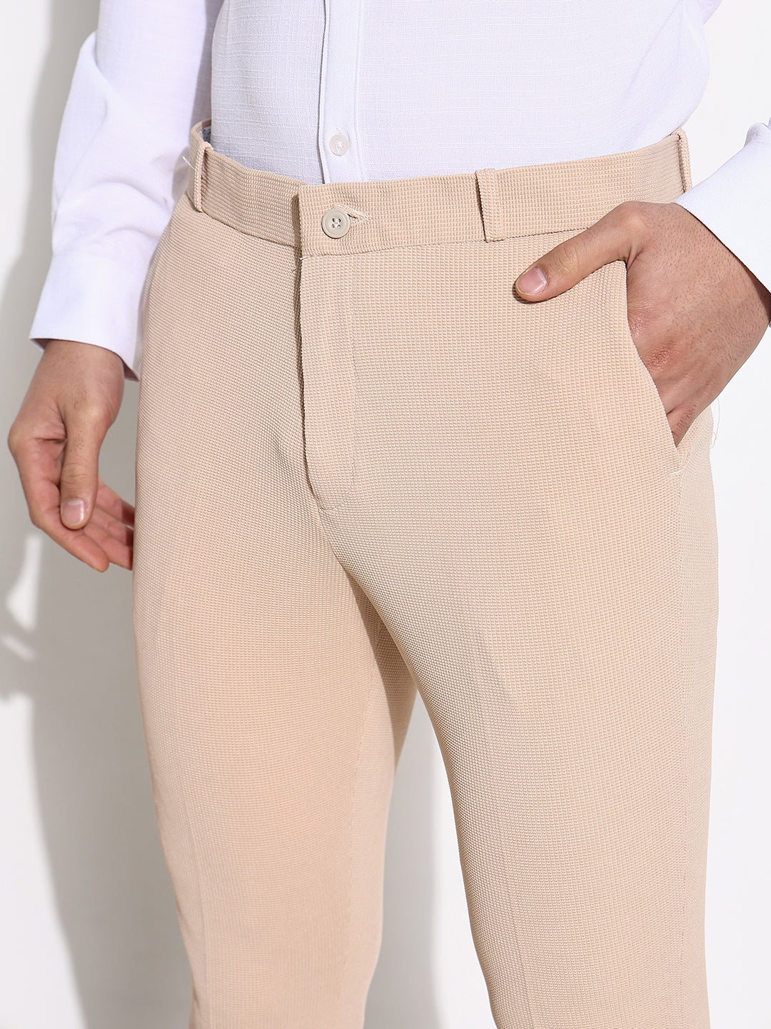 Men Peach Solid Formal Trousers