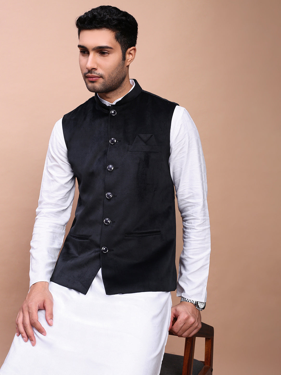 Men Solid Black Slim Fit Nehru Jacket