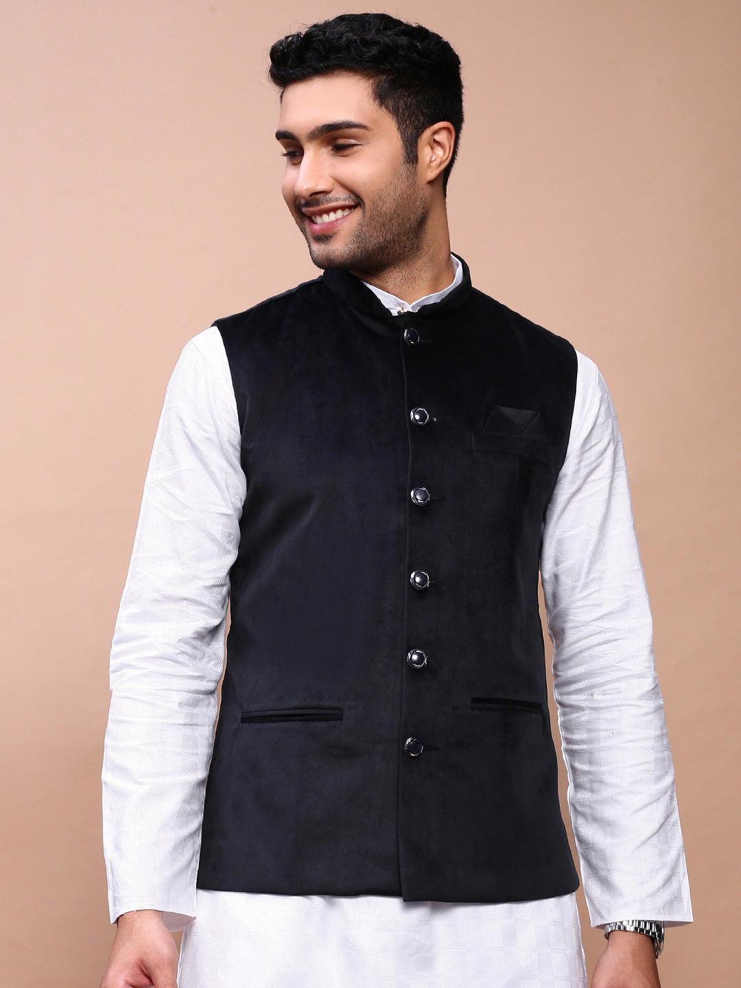 Men Solid Black Slim Fit Nehru Jacket