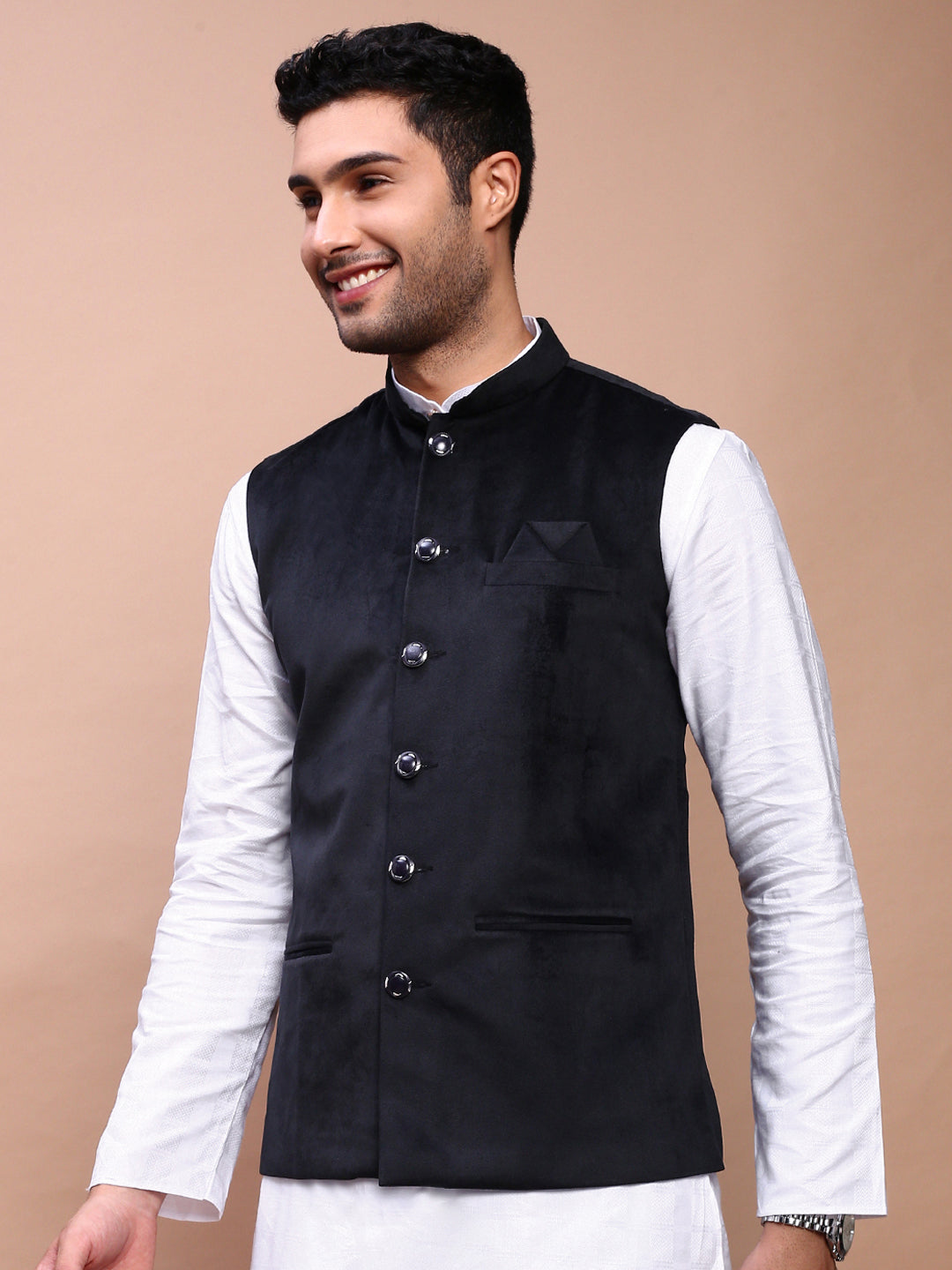 Men Solid Black Slim Fit Nehru Jacket