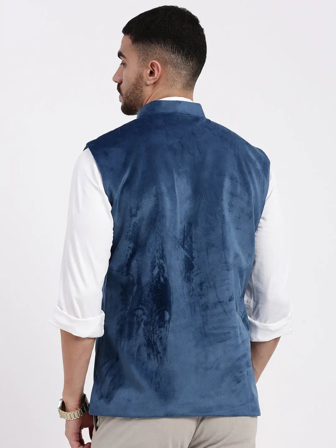 Men's Blue Slim Fit Velvet Nehru Jacket - from SHOWOFFFF