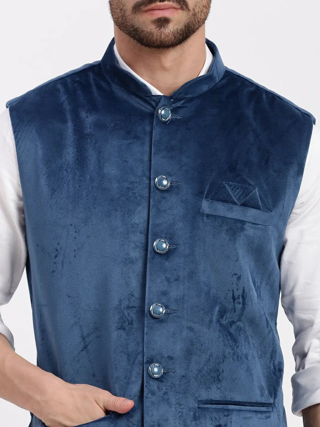 Men's Blue Slim Fit Velvet Nehru Jacket - from SHOWOFFFF