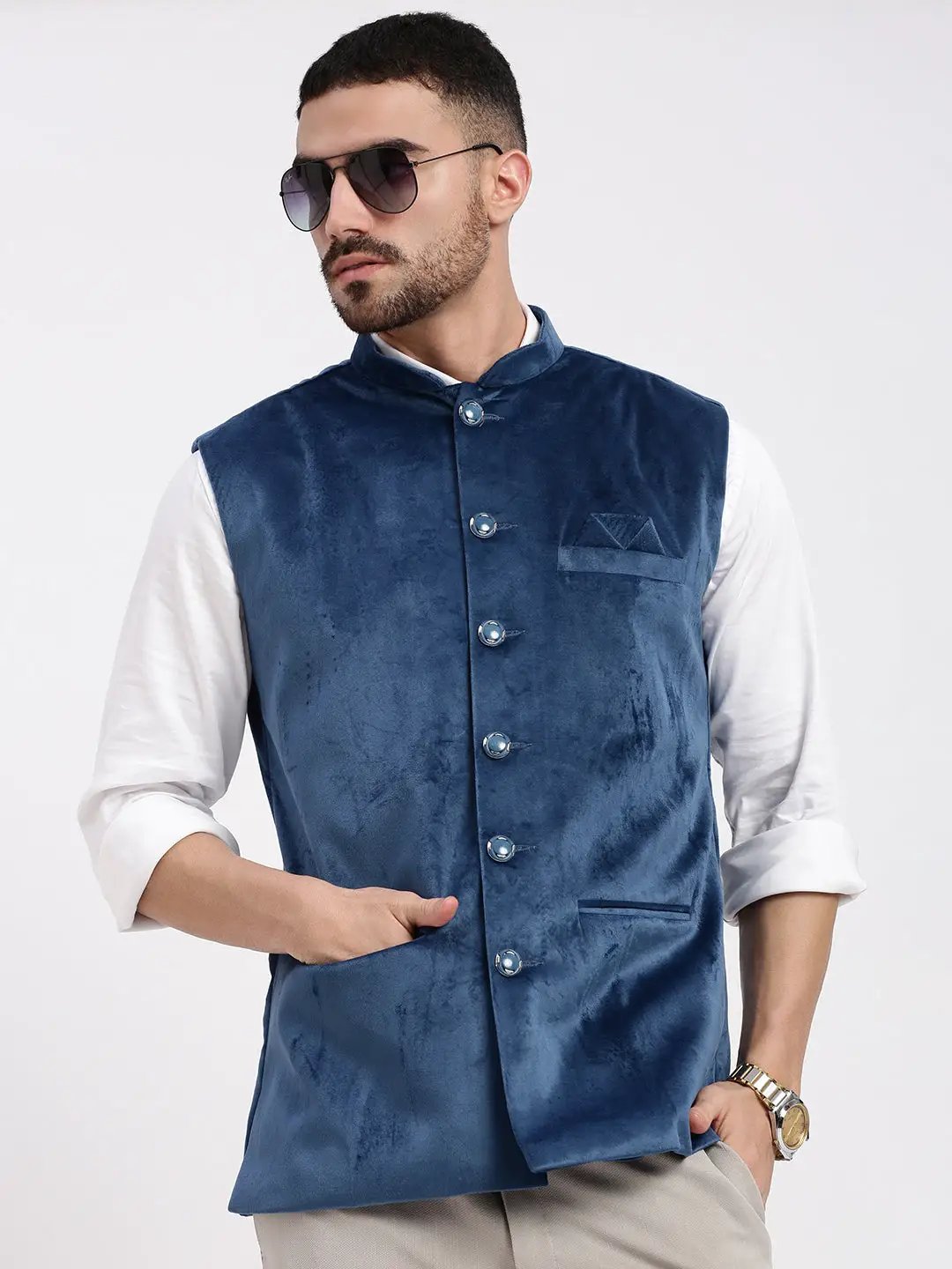 Men's Blue Slim Fit Velvet Nehru Jacket - from SHOWOFFFF