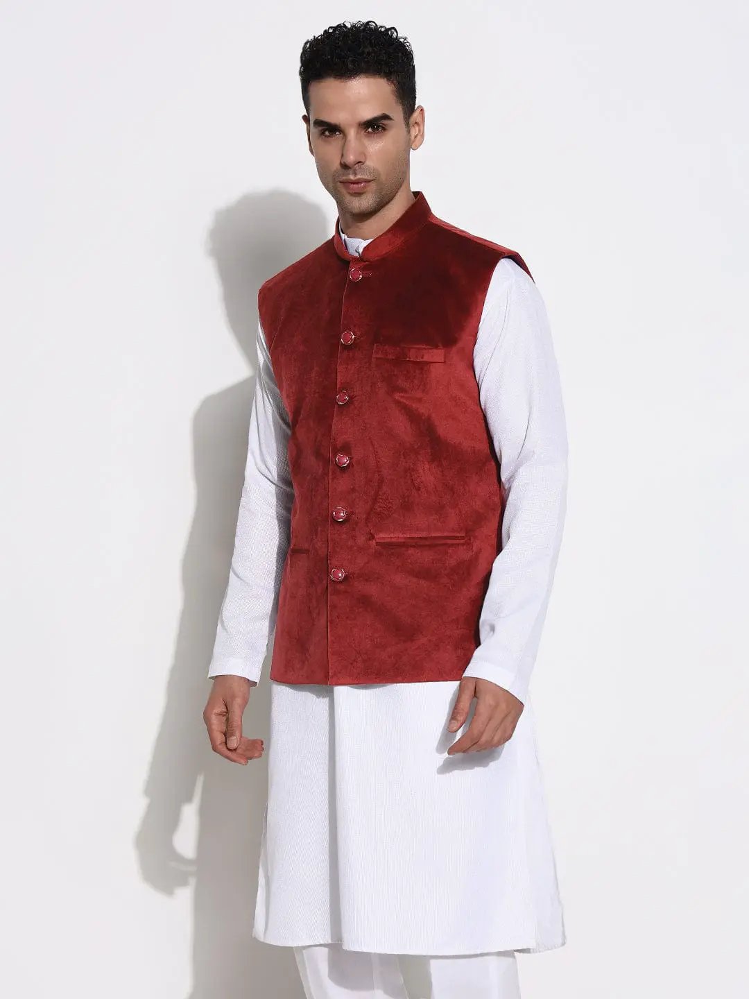 Men's Red Slim Fit Velvet Nehru Jacket - from SHOWOFFFF