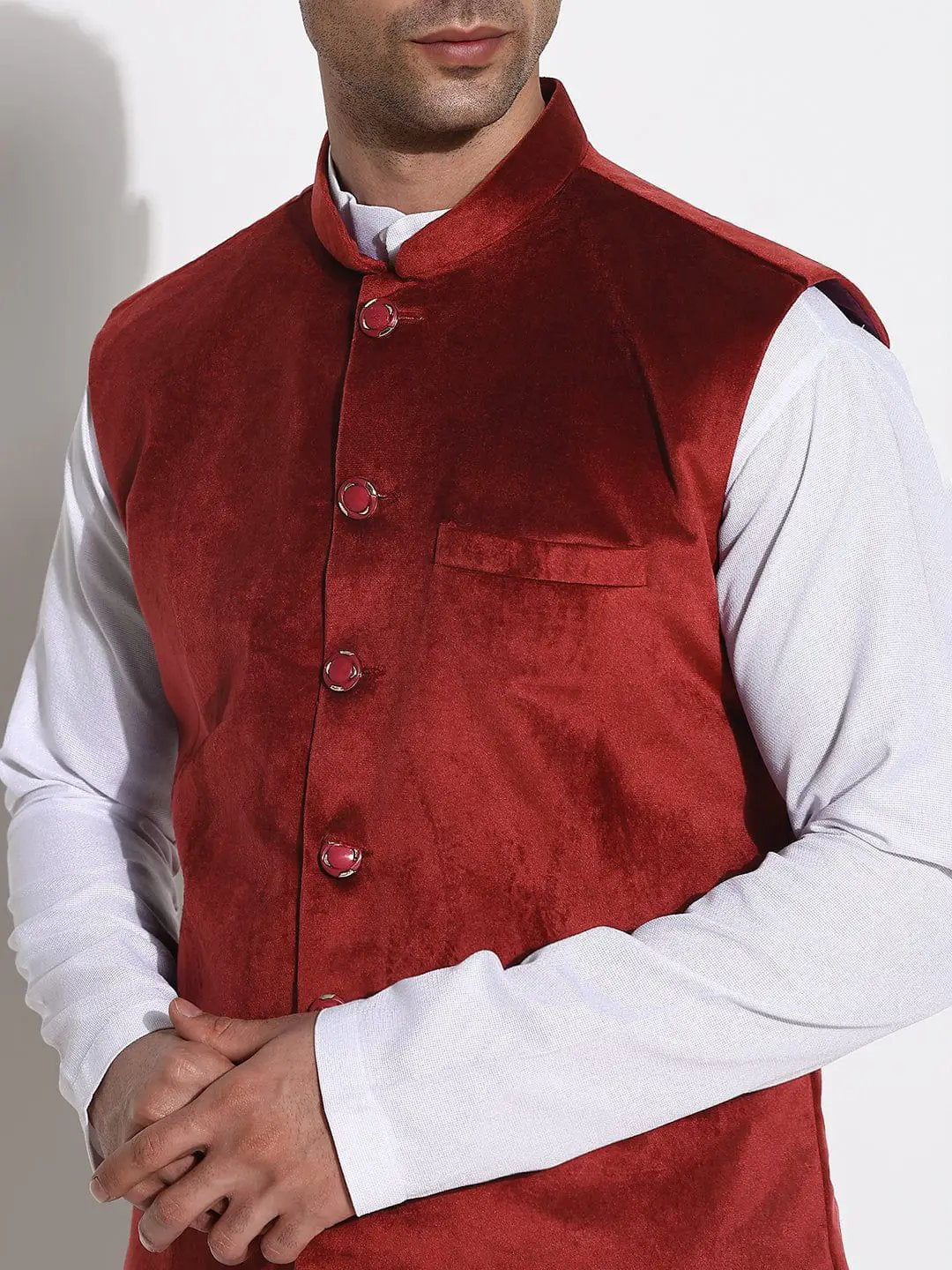 Men's Red Slim Fit Velvet Nehru Jacket - from SHOWOFFFF