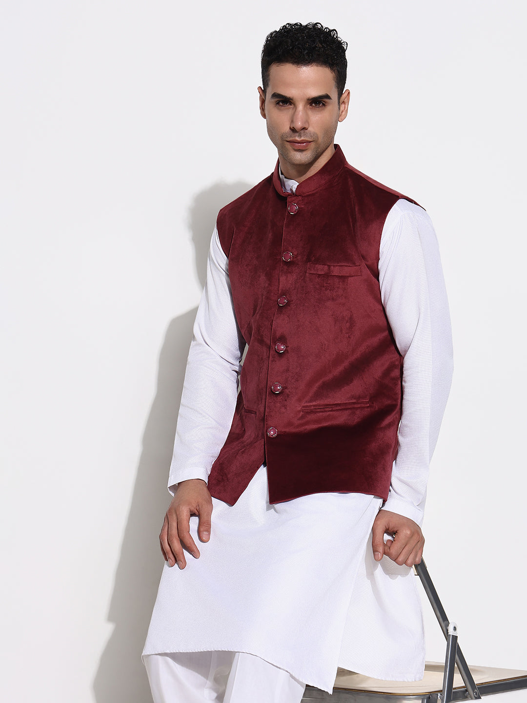 Men Burgundy Solid Nehru Jacket