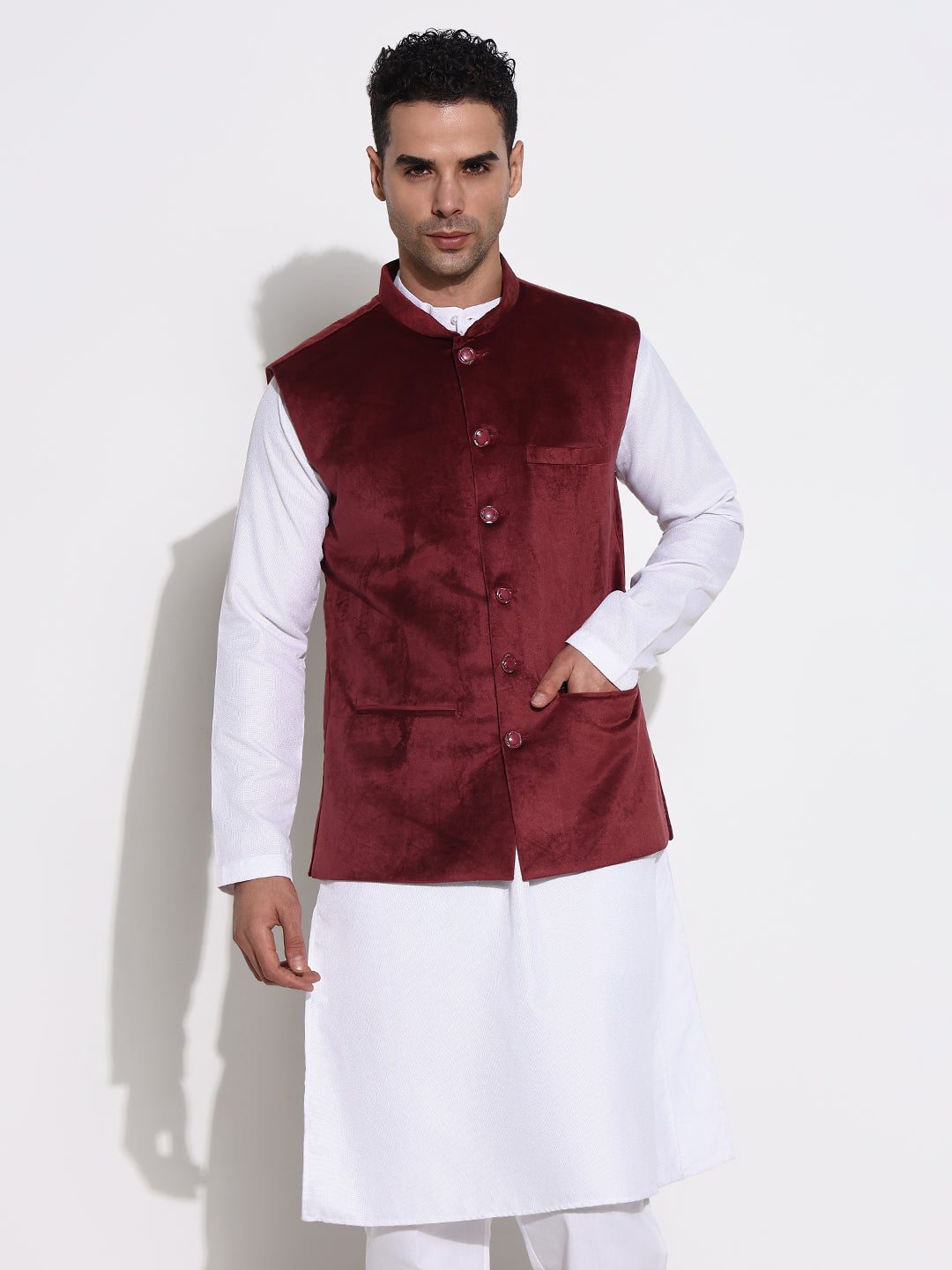 Men Burgundy Solid Nehru Jacket