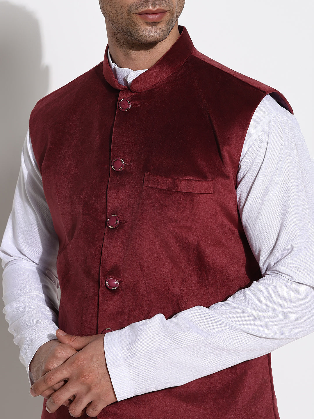 Men Burgundy Solid Nehru Jacket