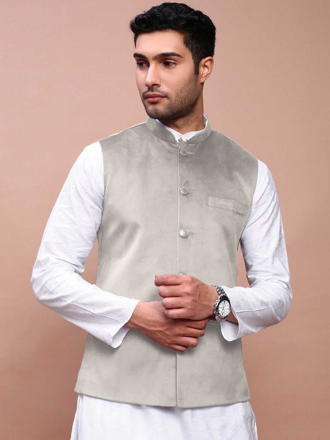 Men's Grey Solid Nehru Jacket