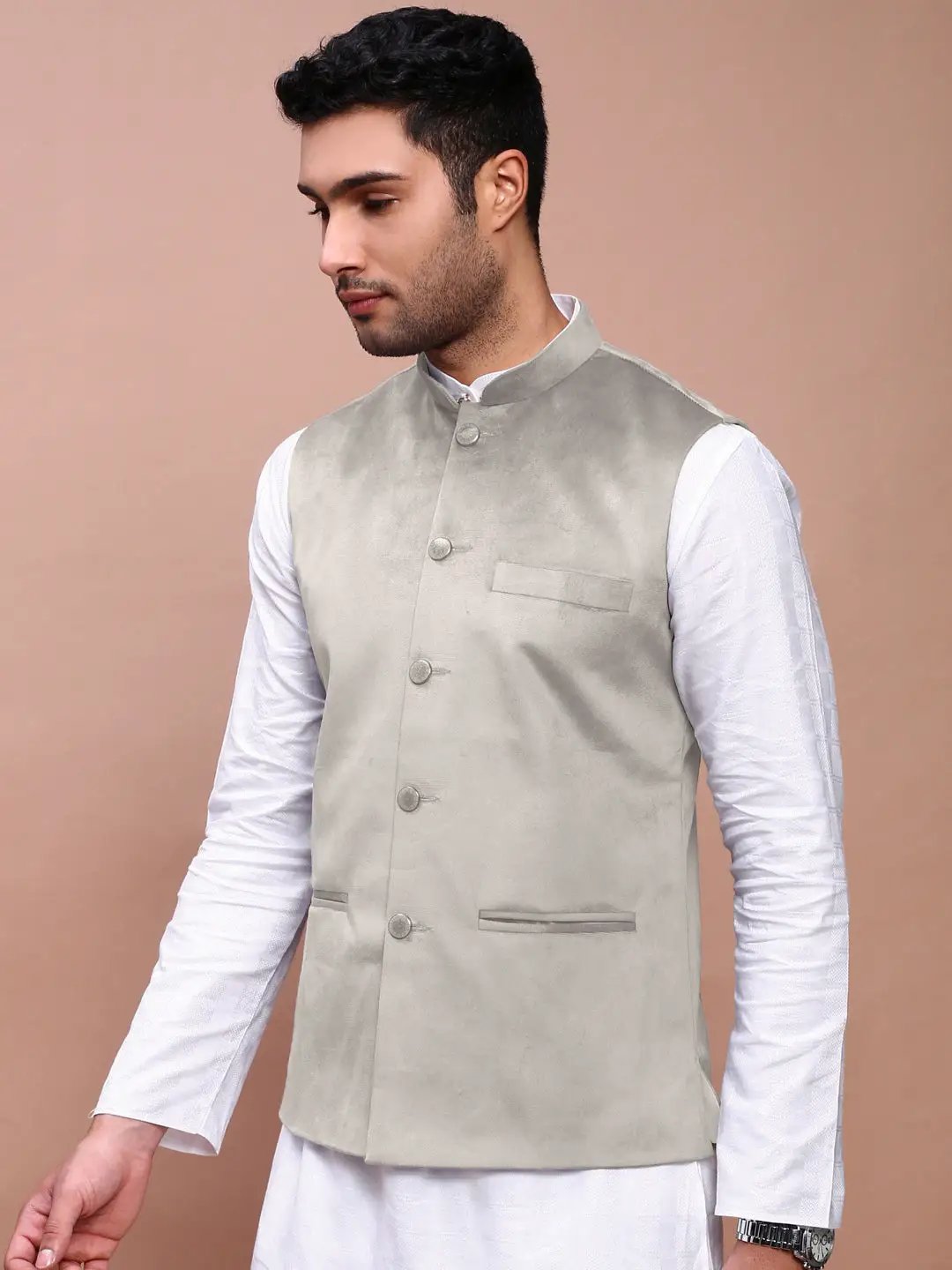 Men's Grey Solid Nehru Jacket