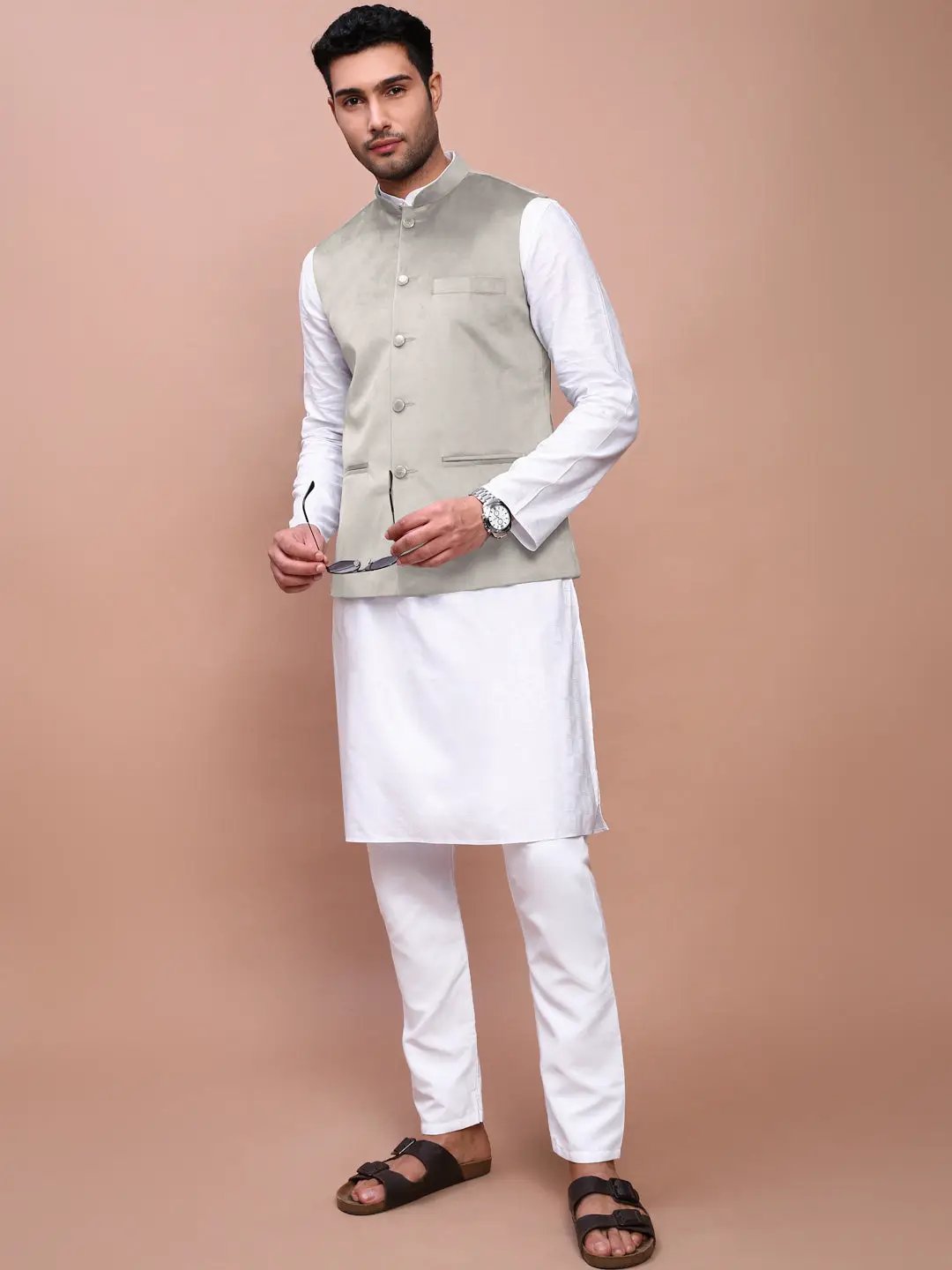 Men's Grey Solid Nehru Jacket