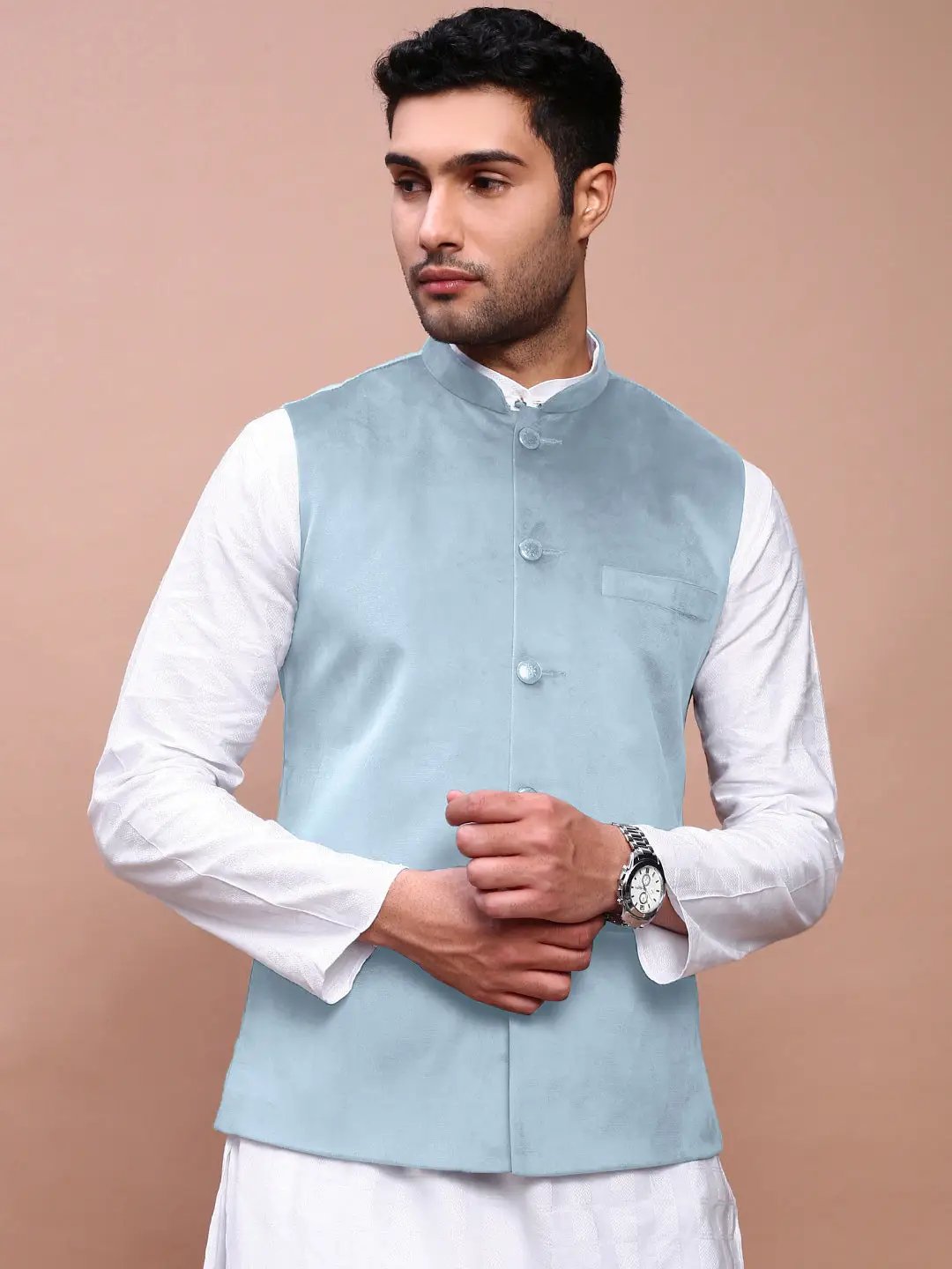 Men's Blue Solid Nehru Jacket