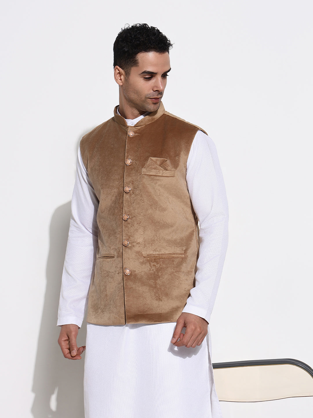 Men Brown Solid Nehru Jacket