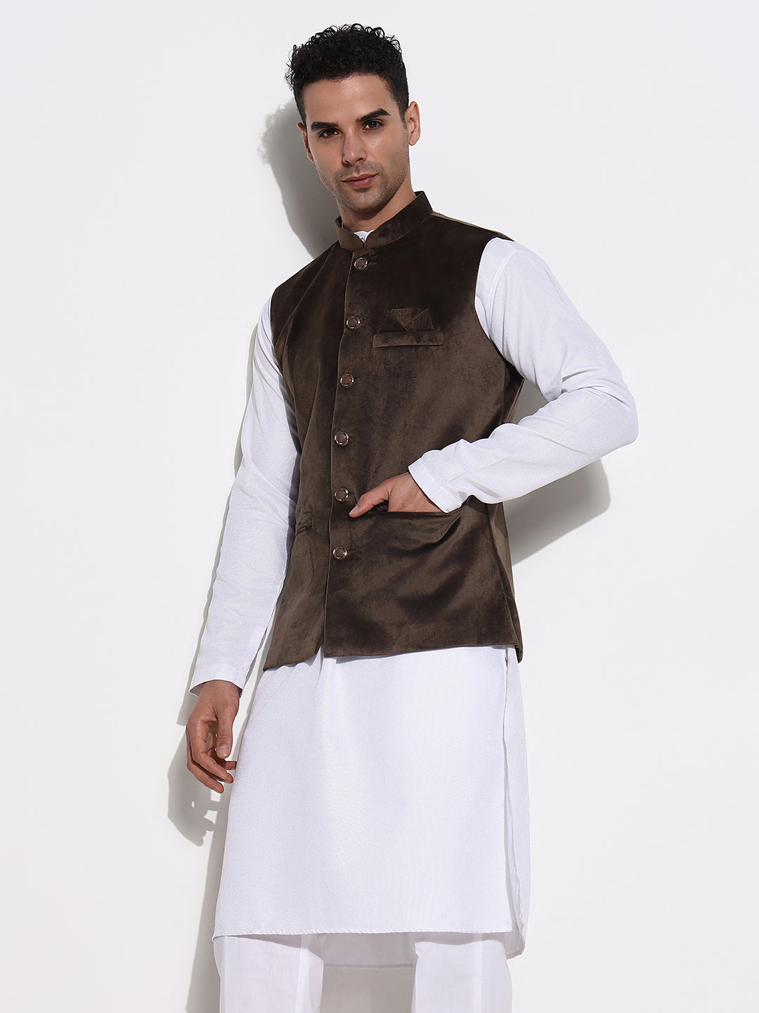 Men Olive Solid Nehru Jacket