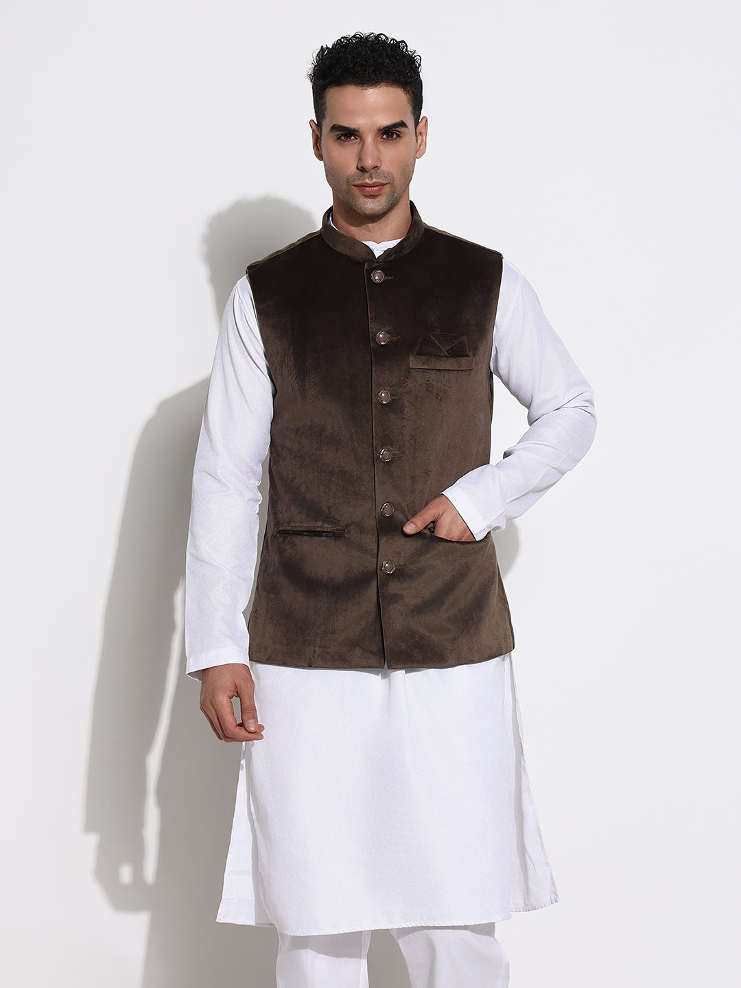 Men Olive Solid Nehru Jacket